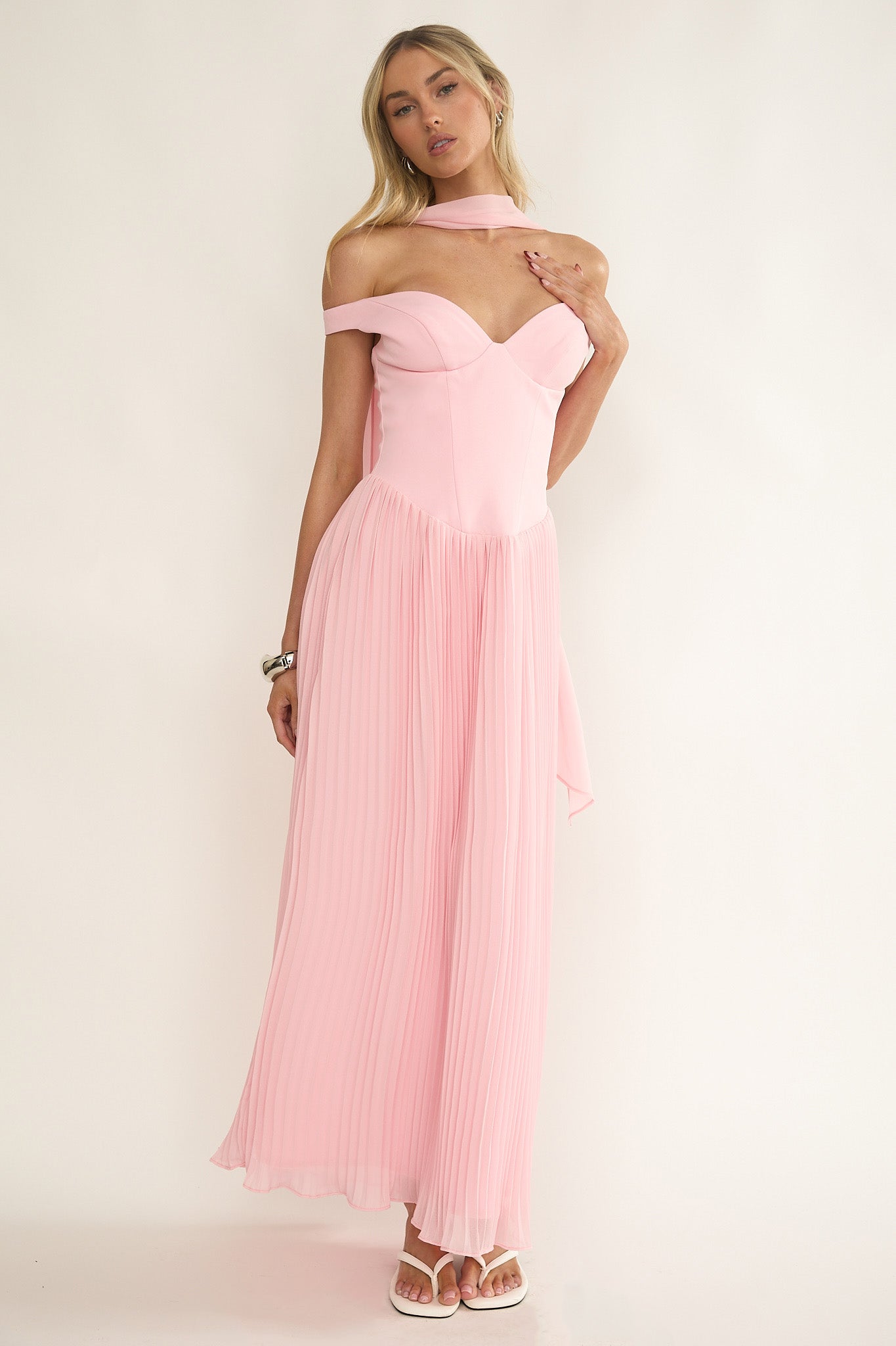 Quinnae Off-Shoulder Accordion Pleat Maxi Dress Pink by Selfie Leslie Australia