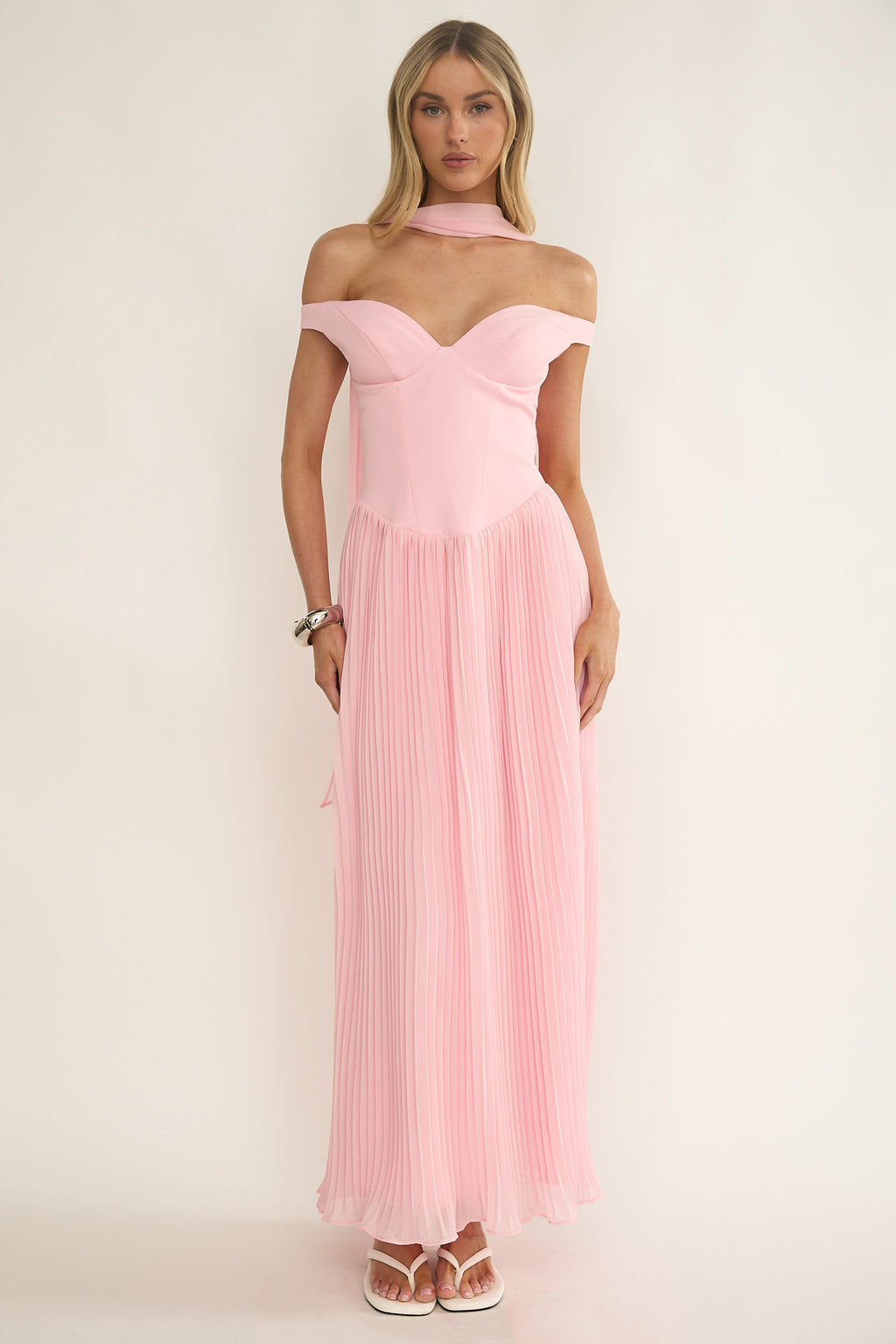Quinnae Off-Shoulder Accordion Pleat Maxi Dress Pink by Selfie Leslie Australia