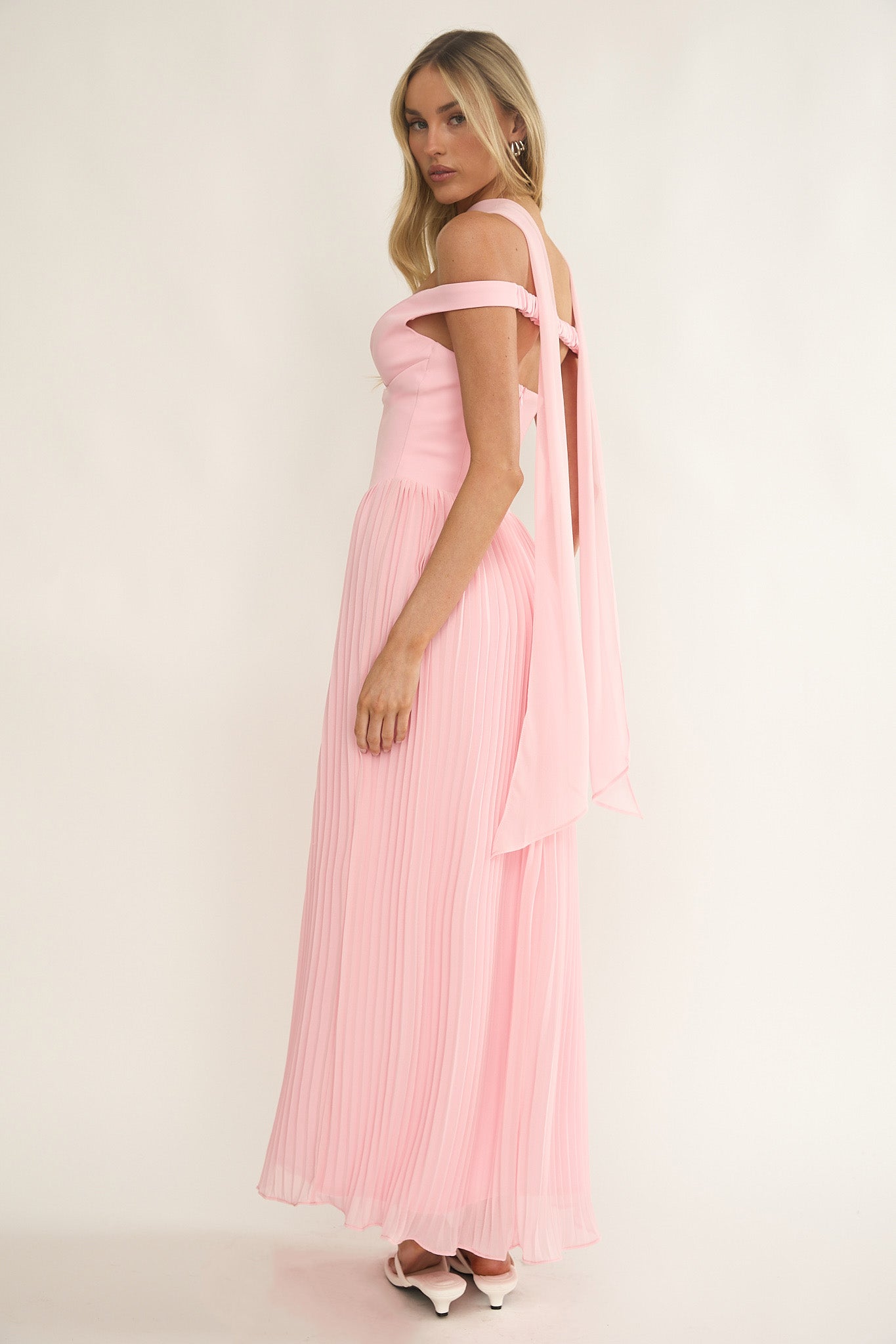 Quinnae Off-Shoulder Accordion Pleat Maxi Dress Pink by Selfie Leslie Australia
