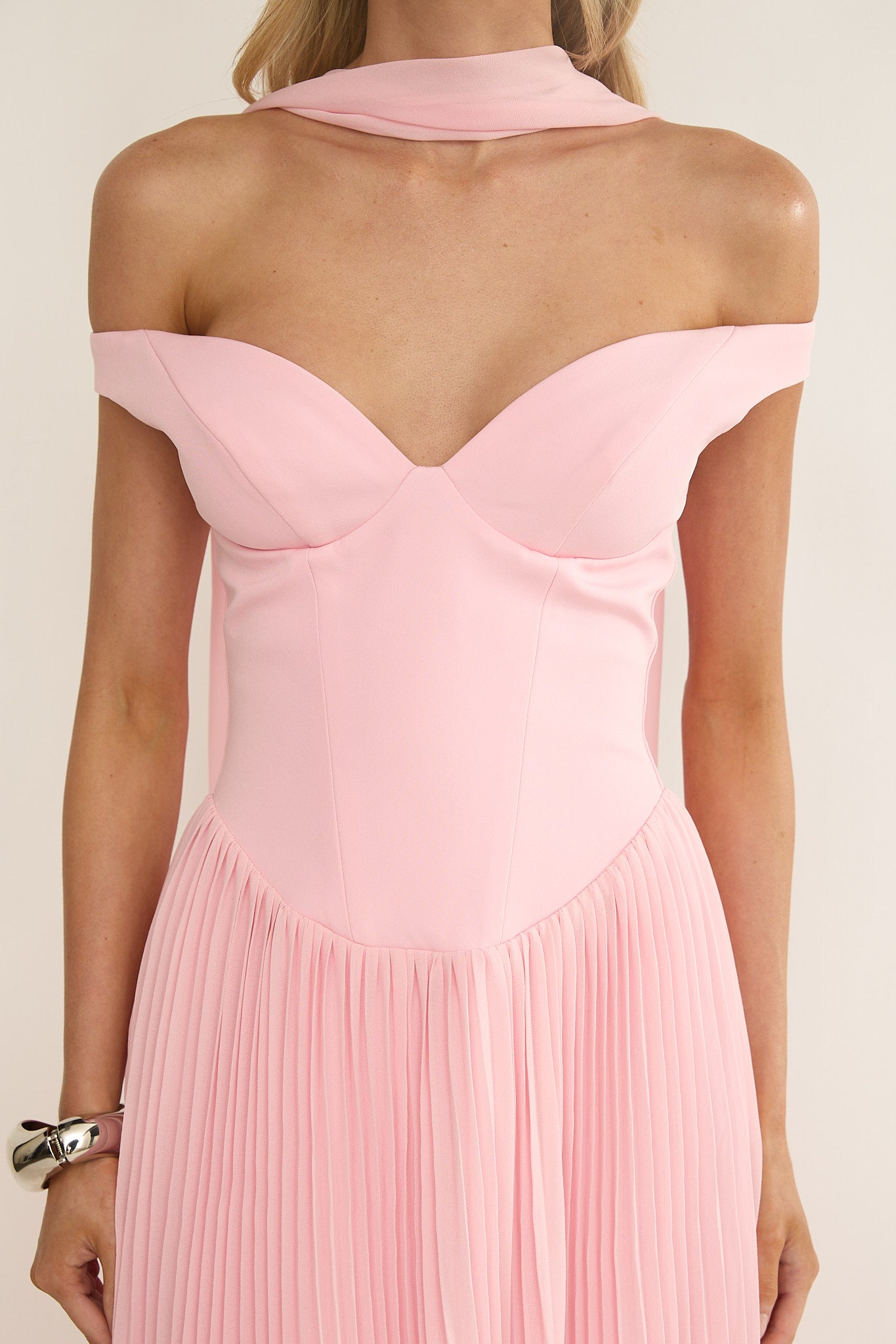 Quinnae Off-Shoulder Accordion Pleat Maxi Dress Pink by Selfie Leslie Australia