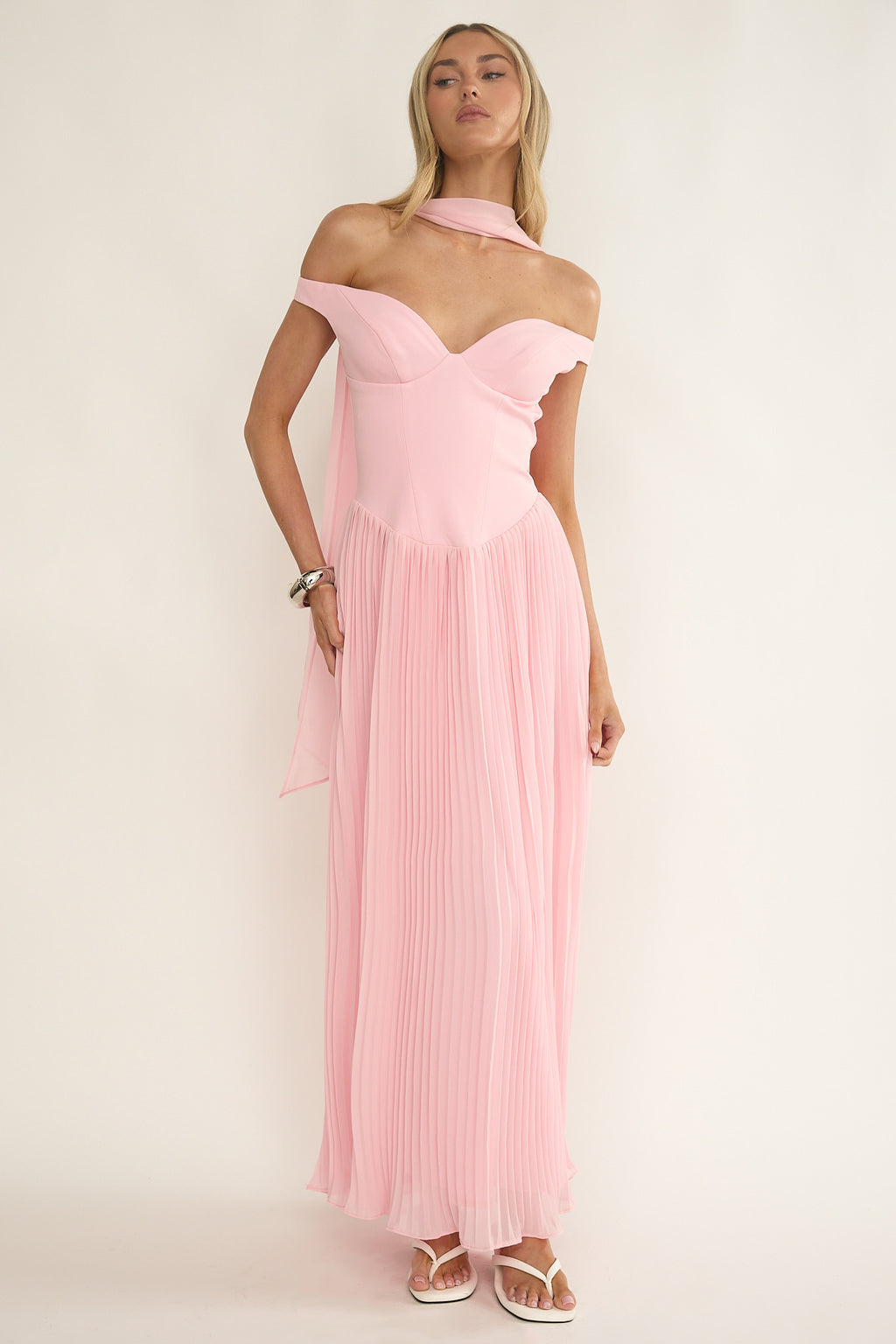 Quinnae Off-Shoulder Accordion Pleat Maxi Dress Pink by Selfie Leslie Australia
