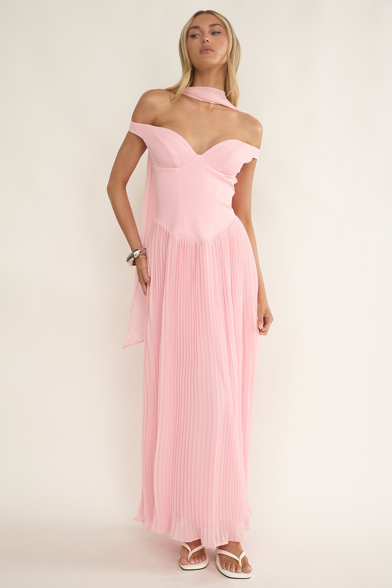 Quinnae Off-Shoulder Accordion Pleat Maxi Dress Pink by Selfie Leslie Australia