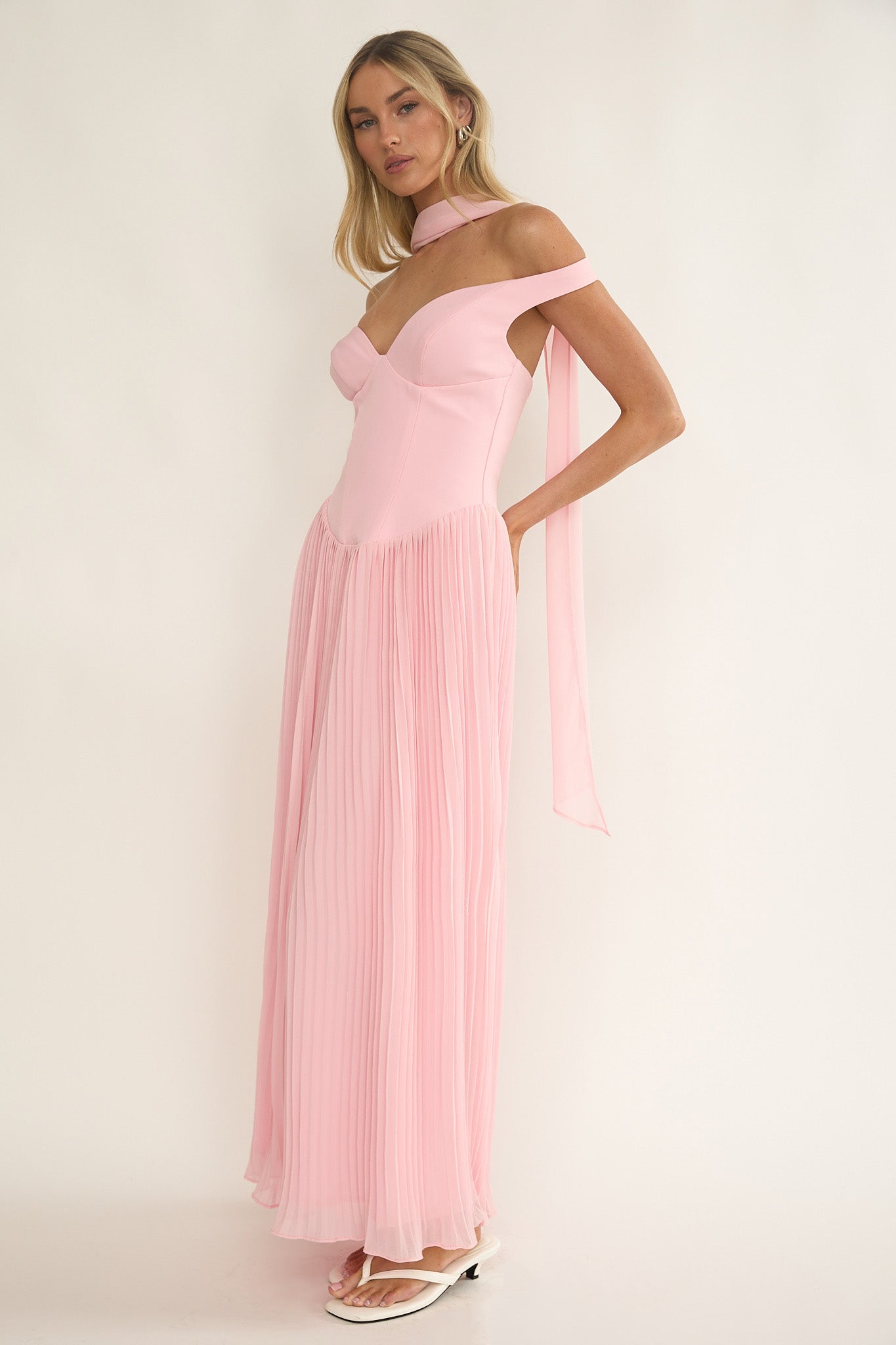 Quinnae Off-Shoulder Accordion Pleat Maxi Dress Pink by Selfie Leslie Australia