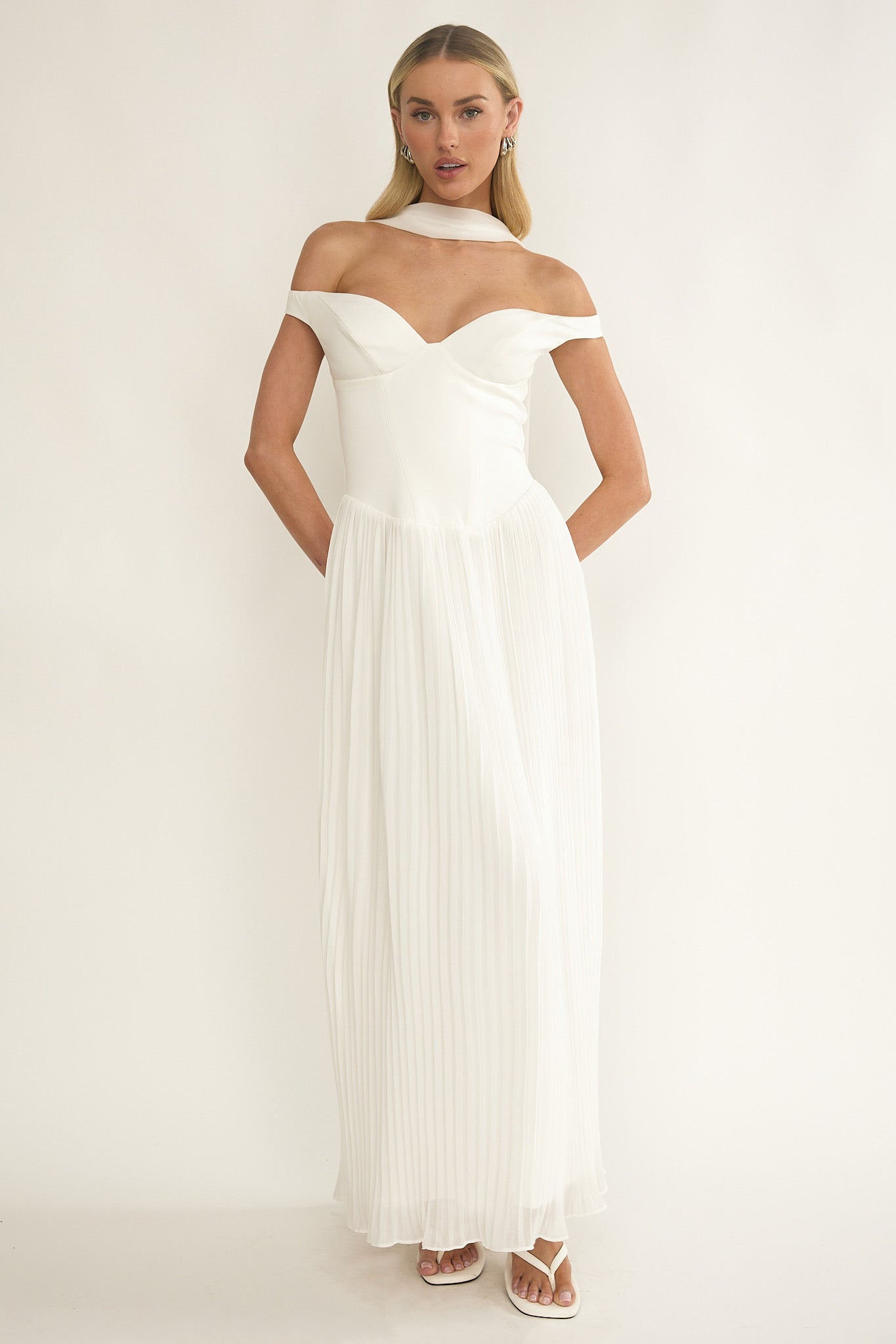 Quinnae Off-Shoulder Accordion Pleat Maxi Dress White by Selfie Leslie Australia