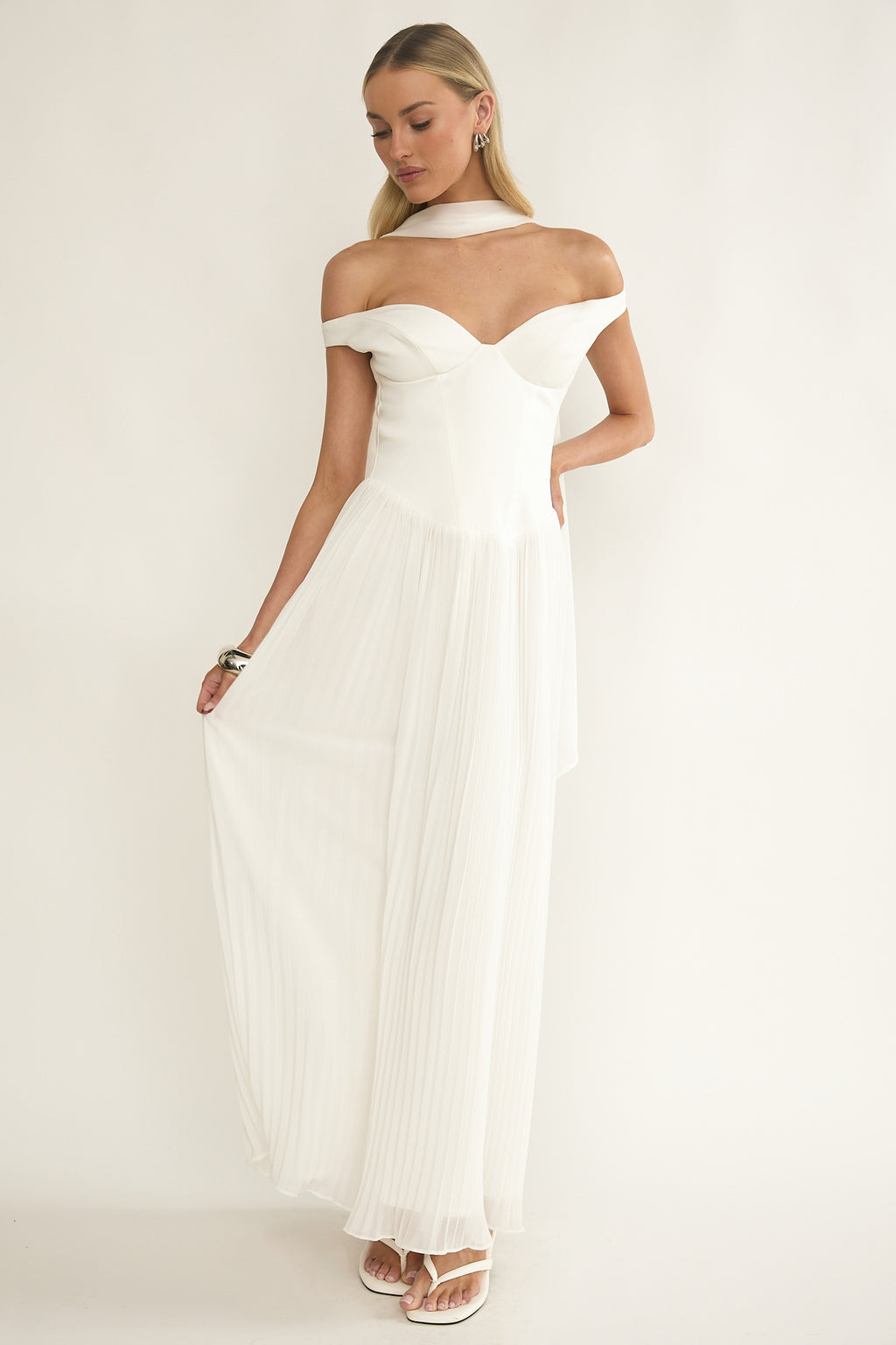 Quinnae Off-Shoulder Accordion Pleat Maxi Dress White by Selfie Leslie Australia