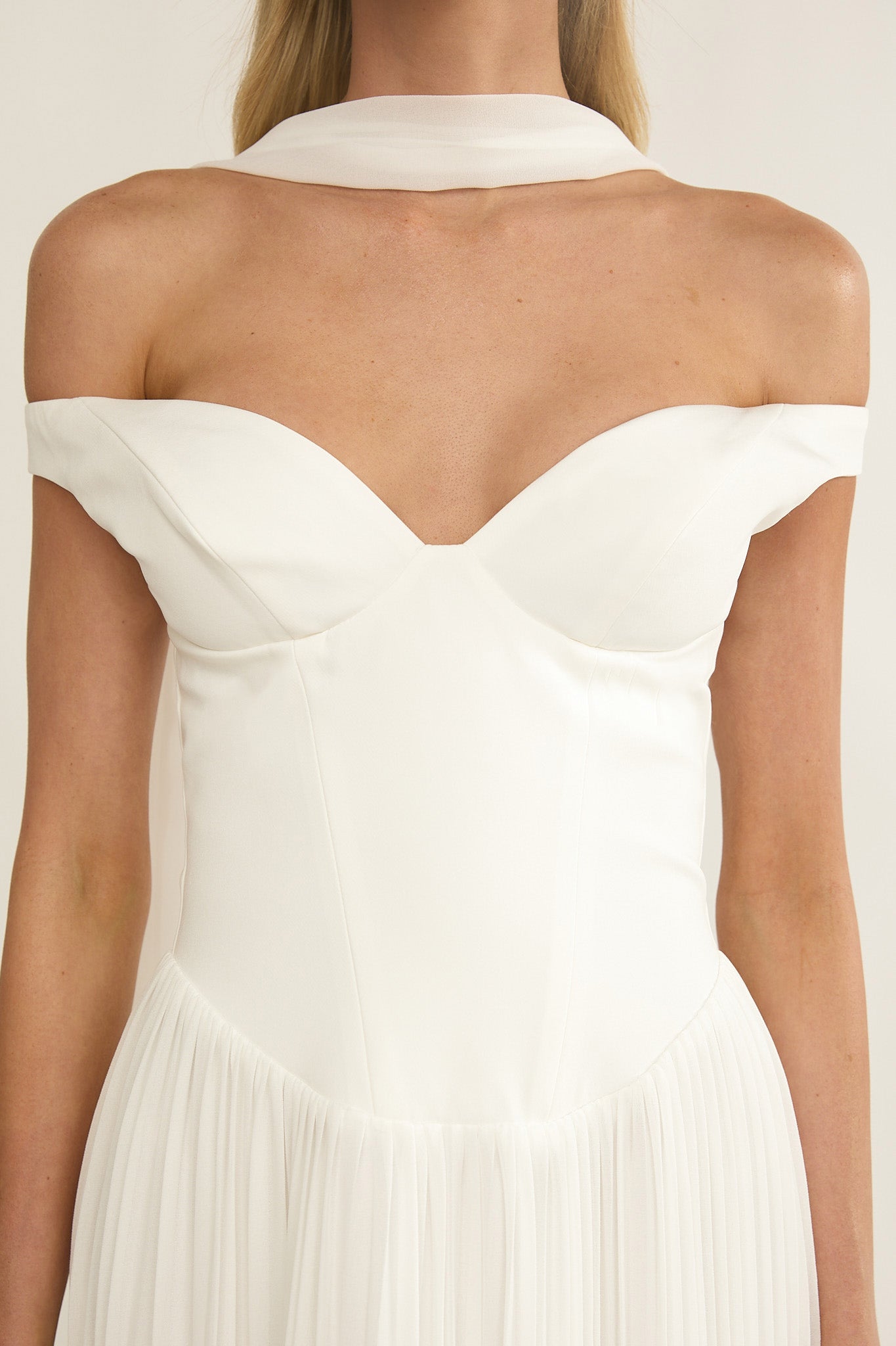 Quinnae Off-Shoulder Accordion Pleat Maxi Dress White by Selfie Leslie Australia
