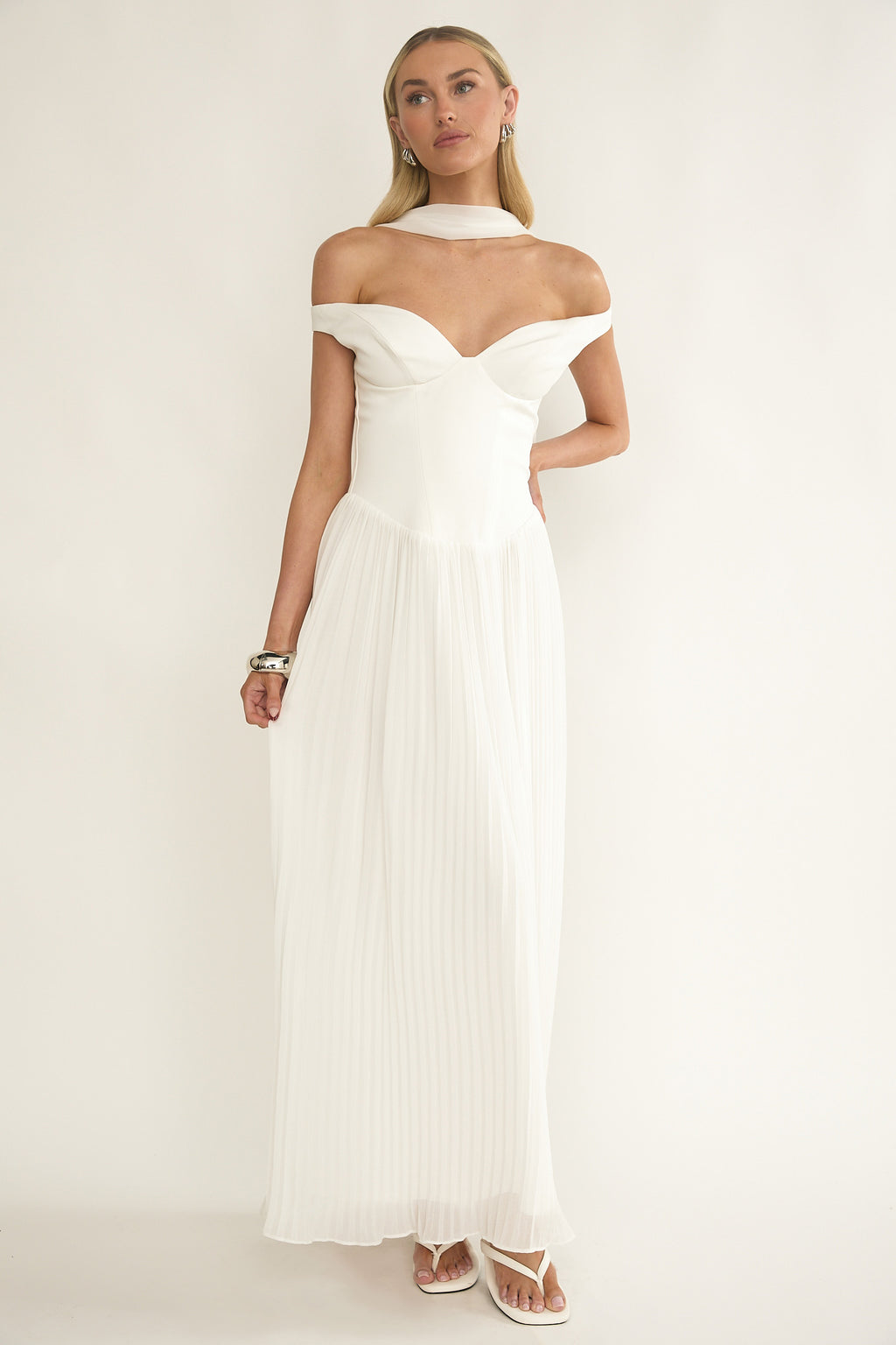 Quinnae Off-Shoulder Accordion Pleat Maxi Dress White by Selfie Leslie Australia