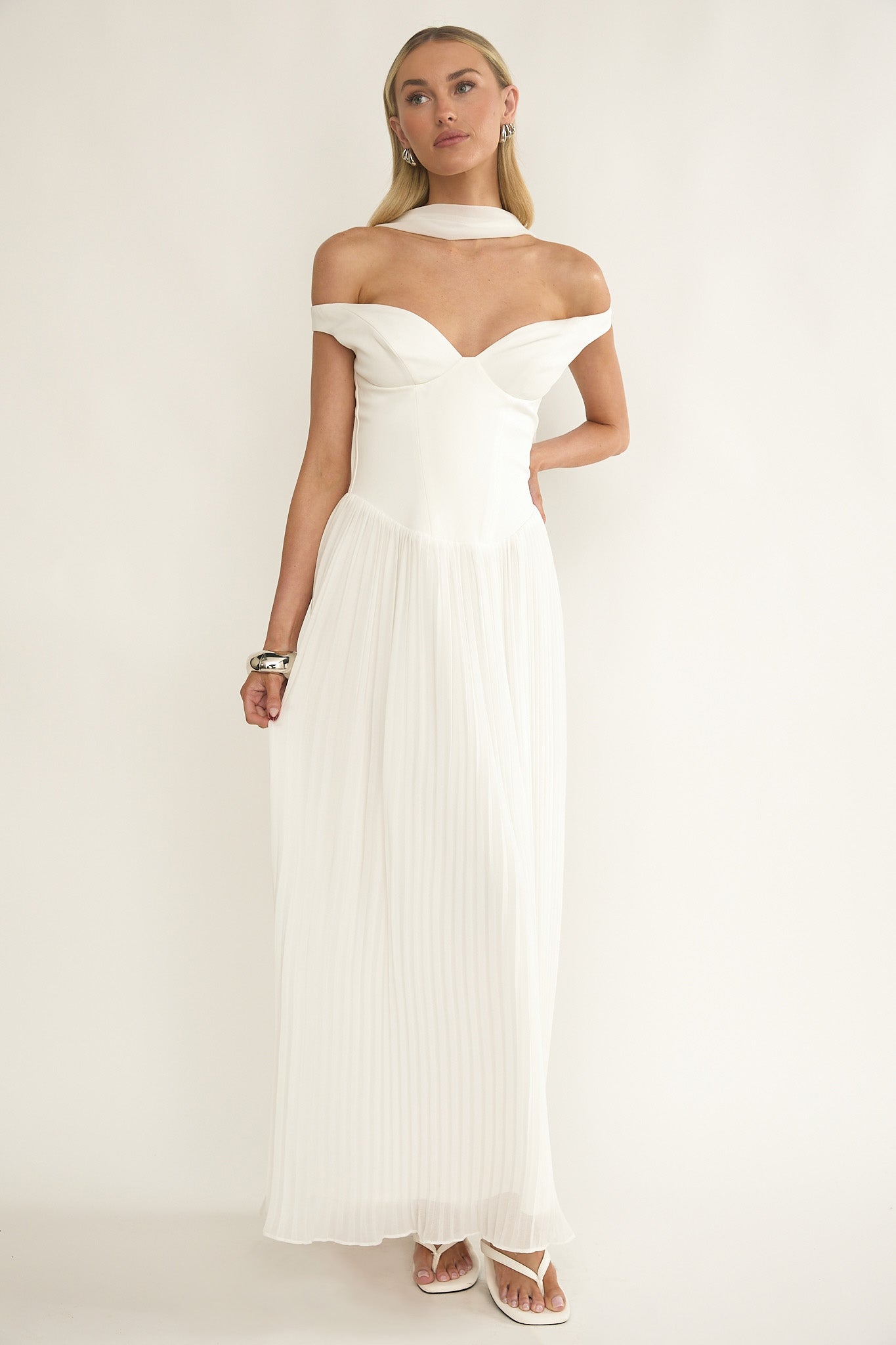 Quinnae Off-Shoulder Accordion Pleat Maxi Dress White by Selfie Leslie Australia