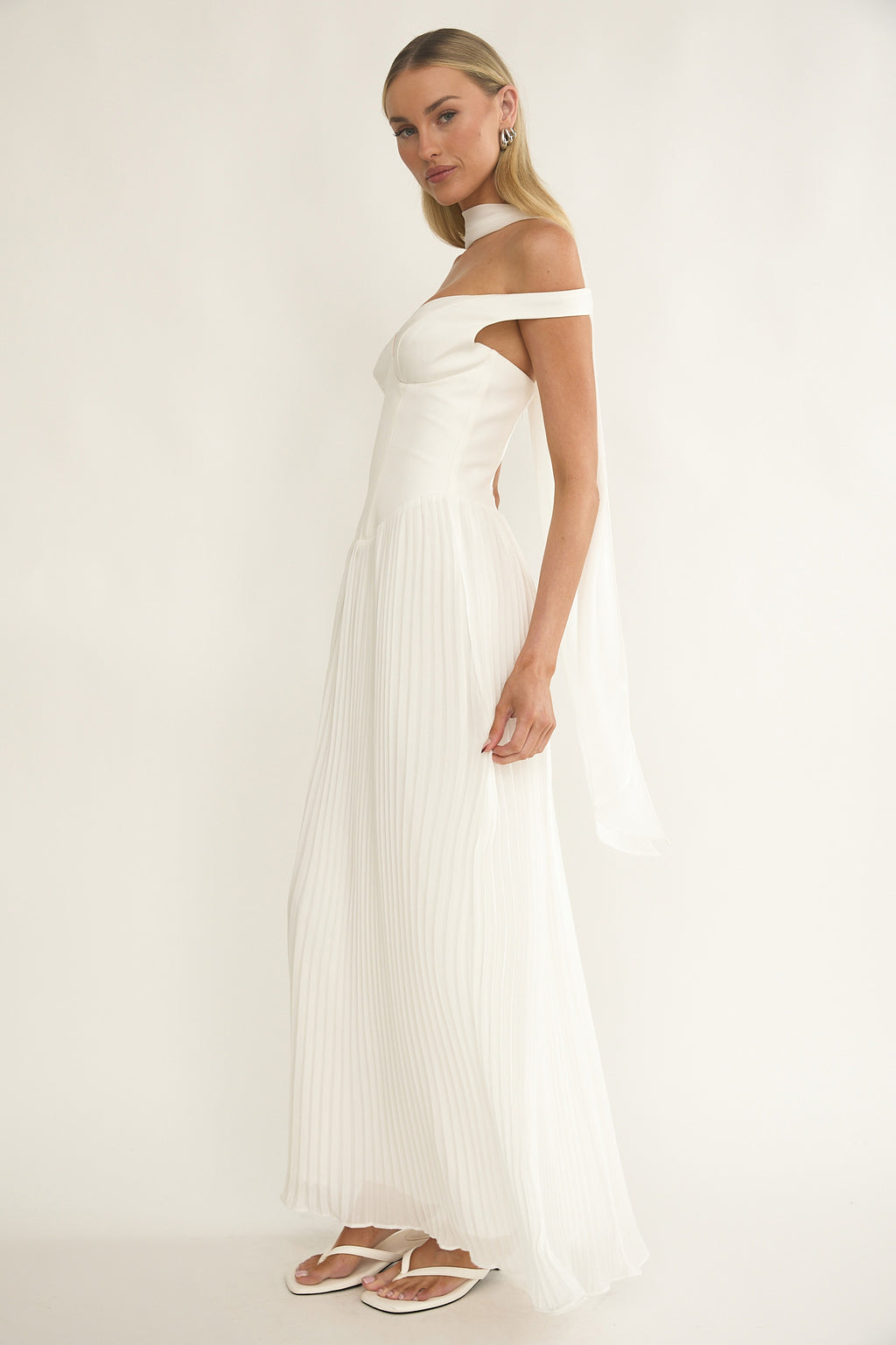 Quinnae Off-Shoulder Accordion Pleat Maxi Dress White by Selfie Leslie Australia