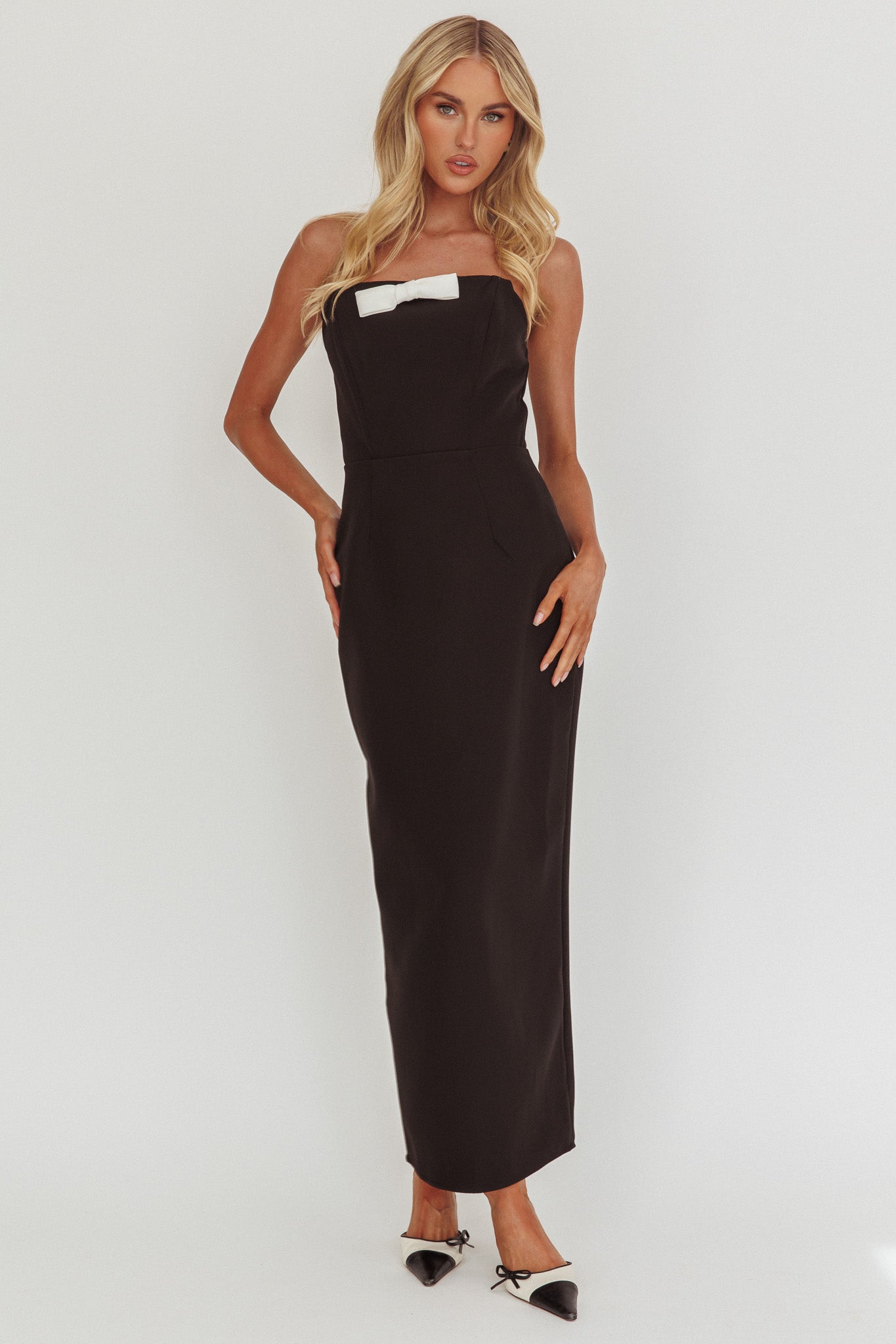 Cocktail Party Strapless Bow Bust Maxi Dress Black by Selfie Leslie Australia
