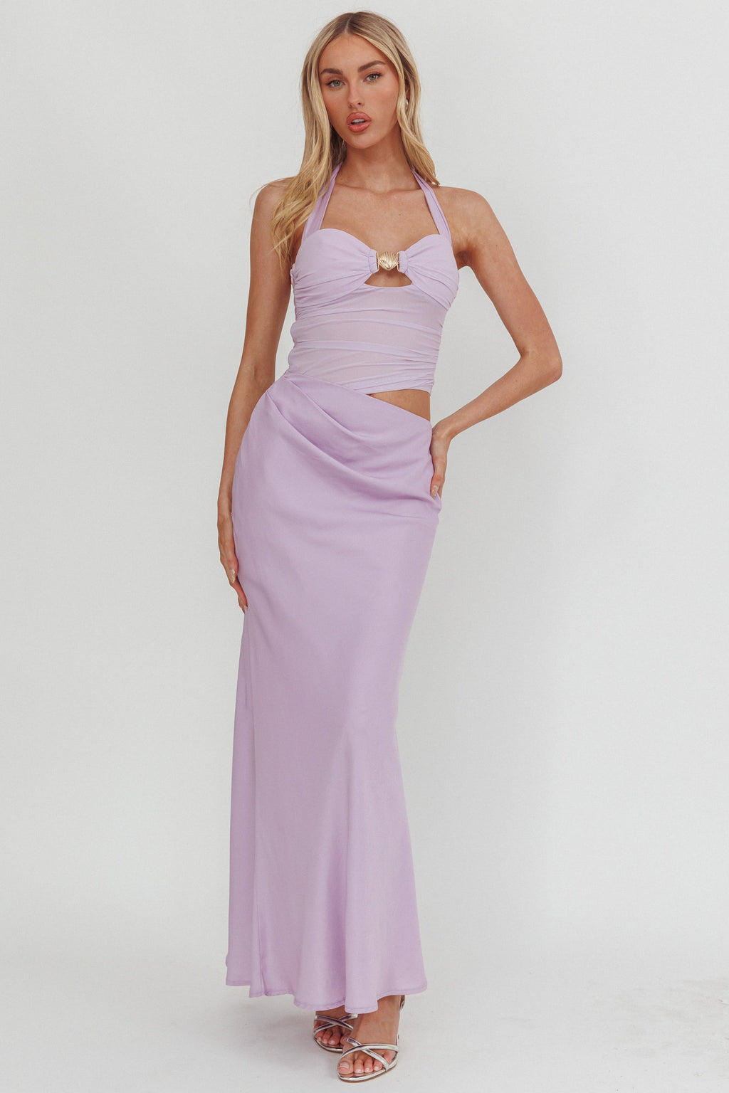 Sandy Shell Buckle Halter Maxi Dress Lilac by Selfie Leslie Australia