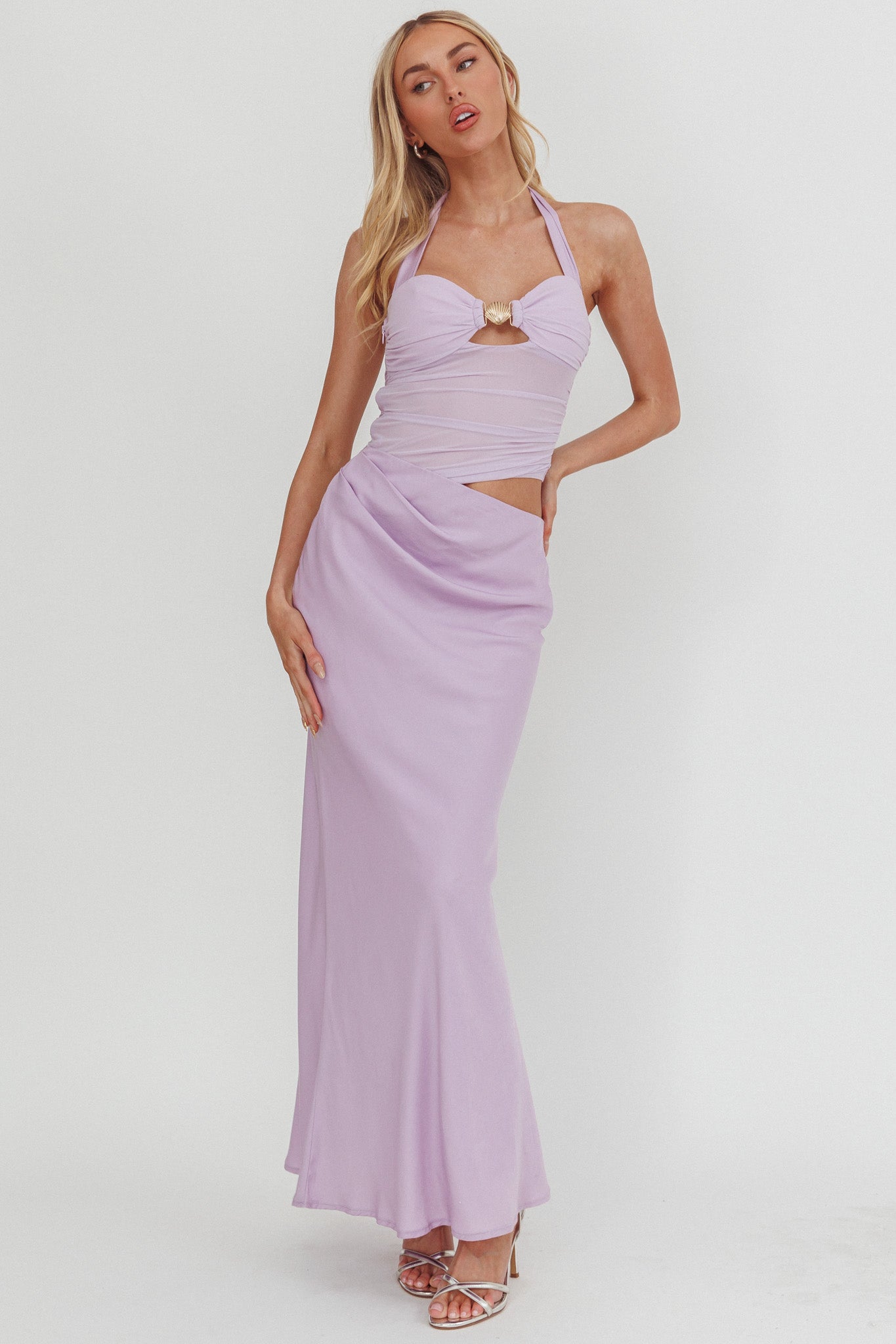 Sandy Shell Buckle Halter Maxi Dress Lilac by Selfie Leslie Australia