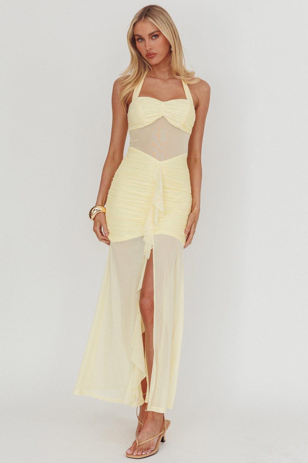 Rayah Sheer Insert Ruched Maxi Dress Yellow by Selfie Leslie Australia