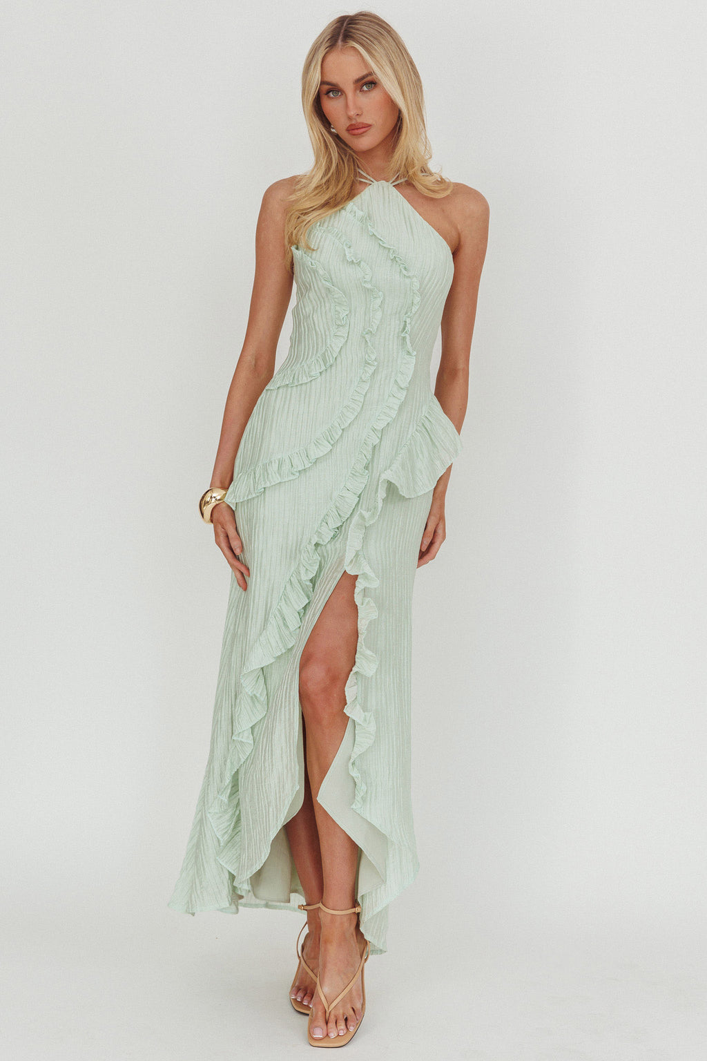 Nerisse Textured Frill Halter Maxi Dress Sage by Selfie Leslie Australia
