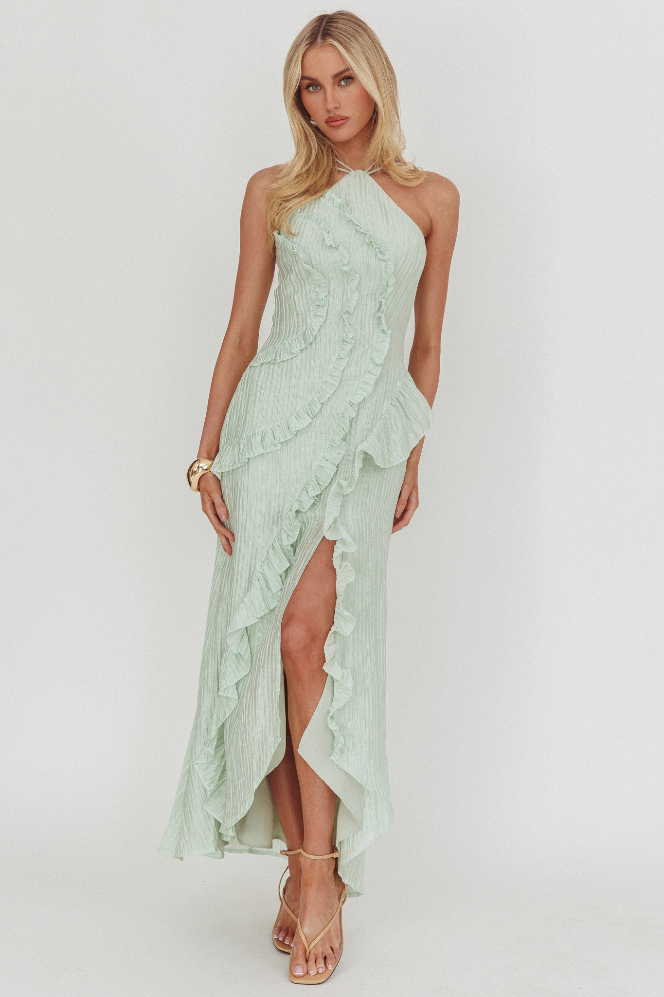 Nerisse Textured Frill Halter Maxi Dress Sage by Selfie Leslie Australia