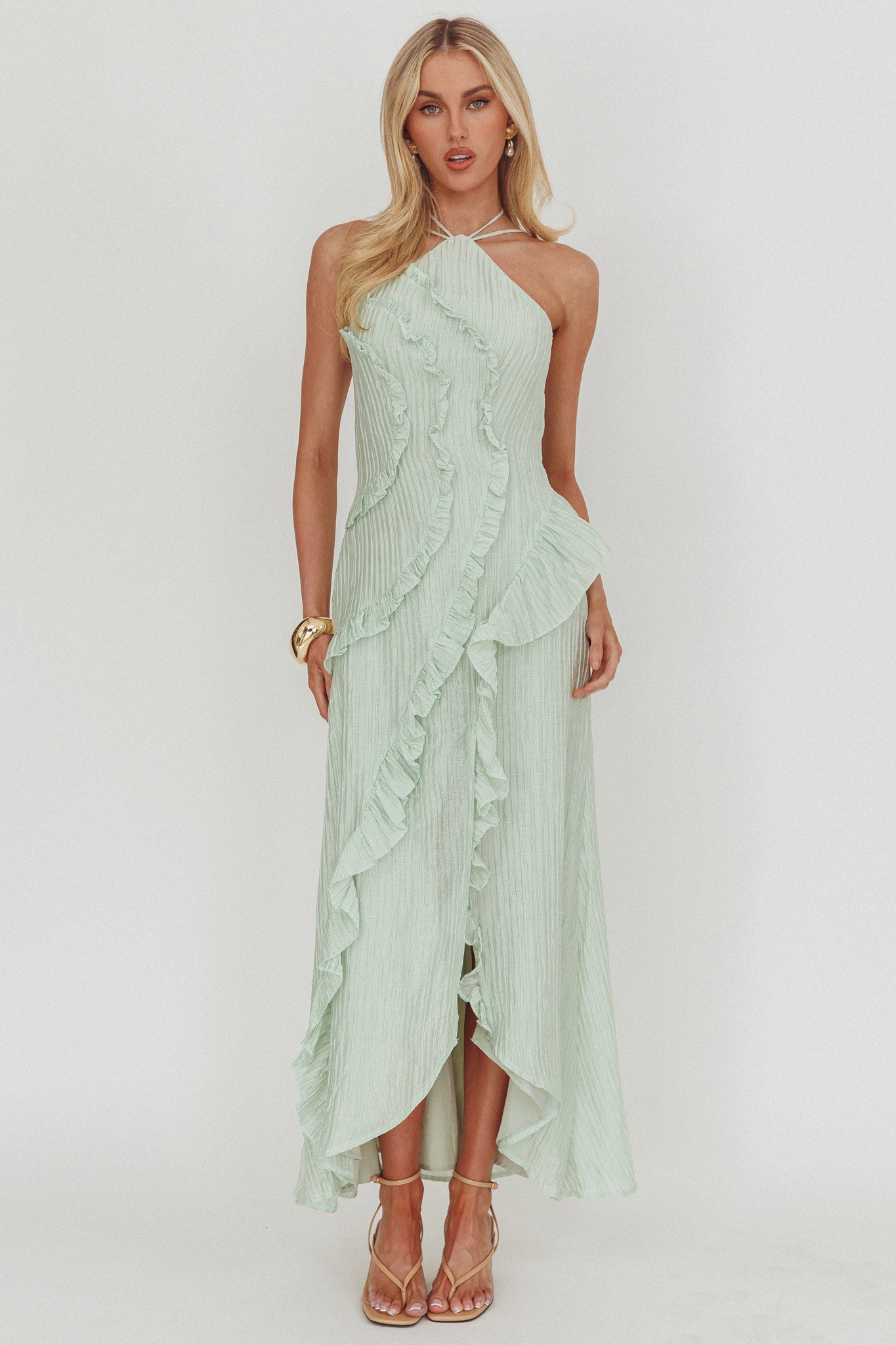 Nerisse Textured Frill Halter Maxi Dress Sage by Selfie Leslie Australia