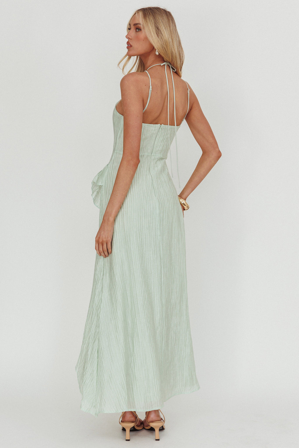 Nerisse Textured Frill Halter Maxi Dress Sage by Selfie Leslie Australia
