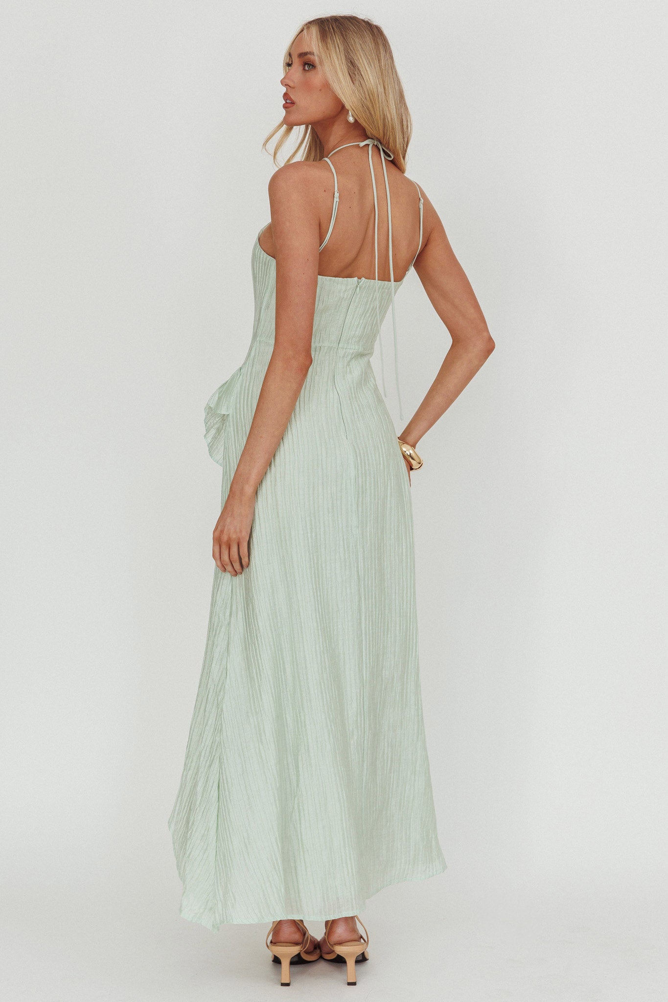 Nerisse Textured Frill Halter Maxi Dress Sage by Selfie Leslie Australia