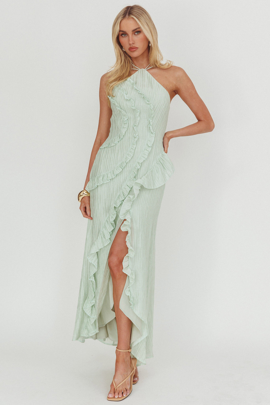 Nerisse Textured Frill Halter Maxi Dress Sage by Selfie Leslie Australia
