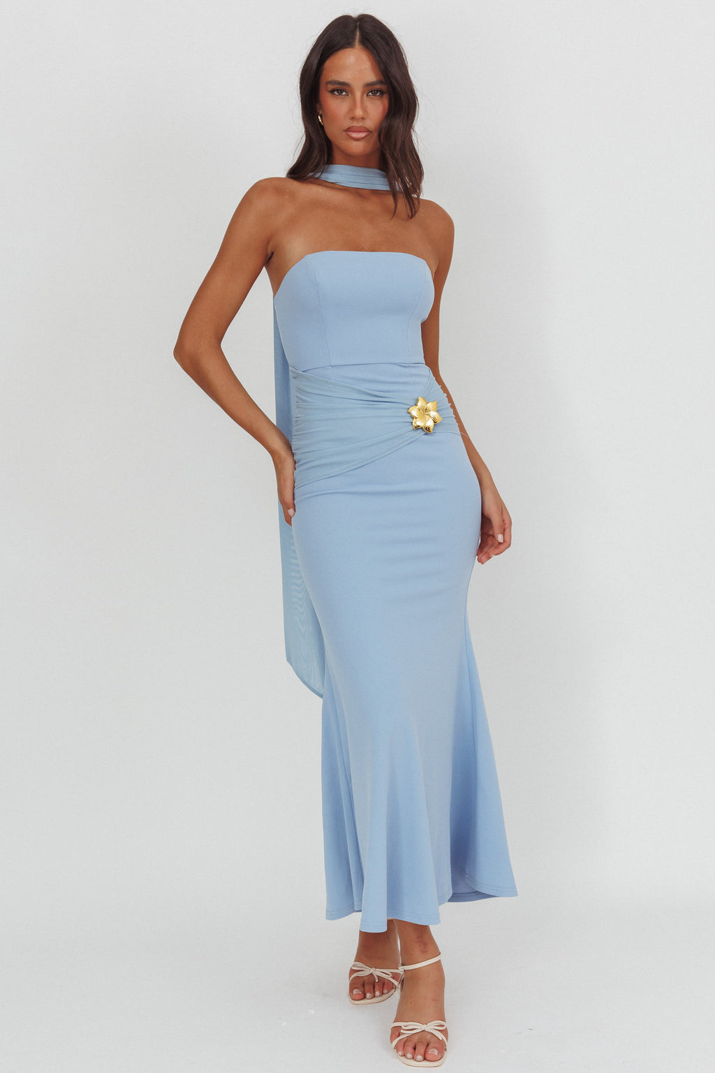 Jeramia Strapless Brooch Maxi Dress Blue by Selfie Leslie Australia