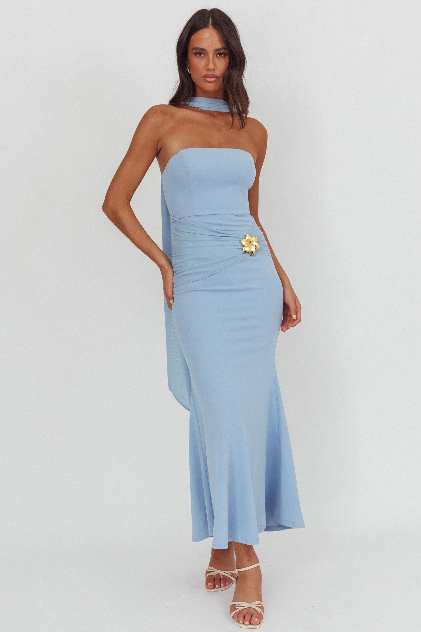 Jeramia Strapless Brooch Maxi Dress Blue by Selfie Leslie Australia