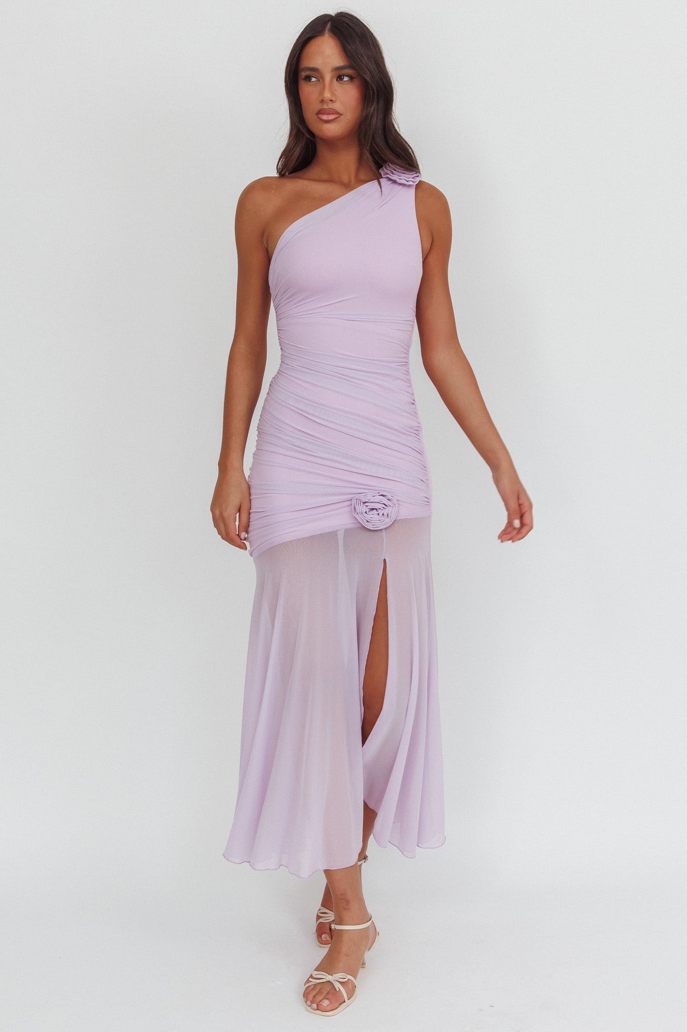 Lost Love One-Shoulder Sheer Hem Maxi Dress Lilac by Selfie Leslie Australia