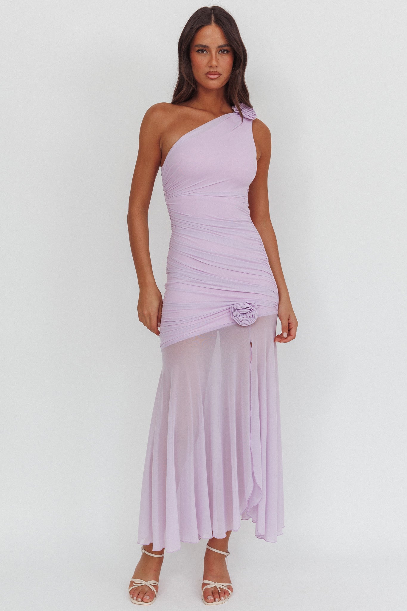 Lost Love One-Shoulder Sheer Hem Maxi Dress Lilac by Selfie Leslie Australia