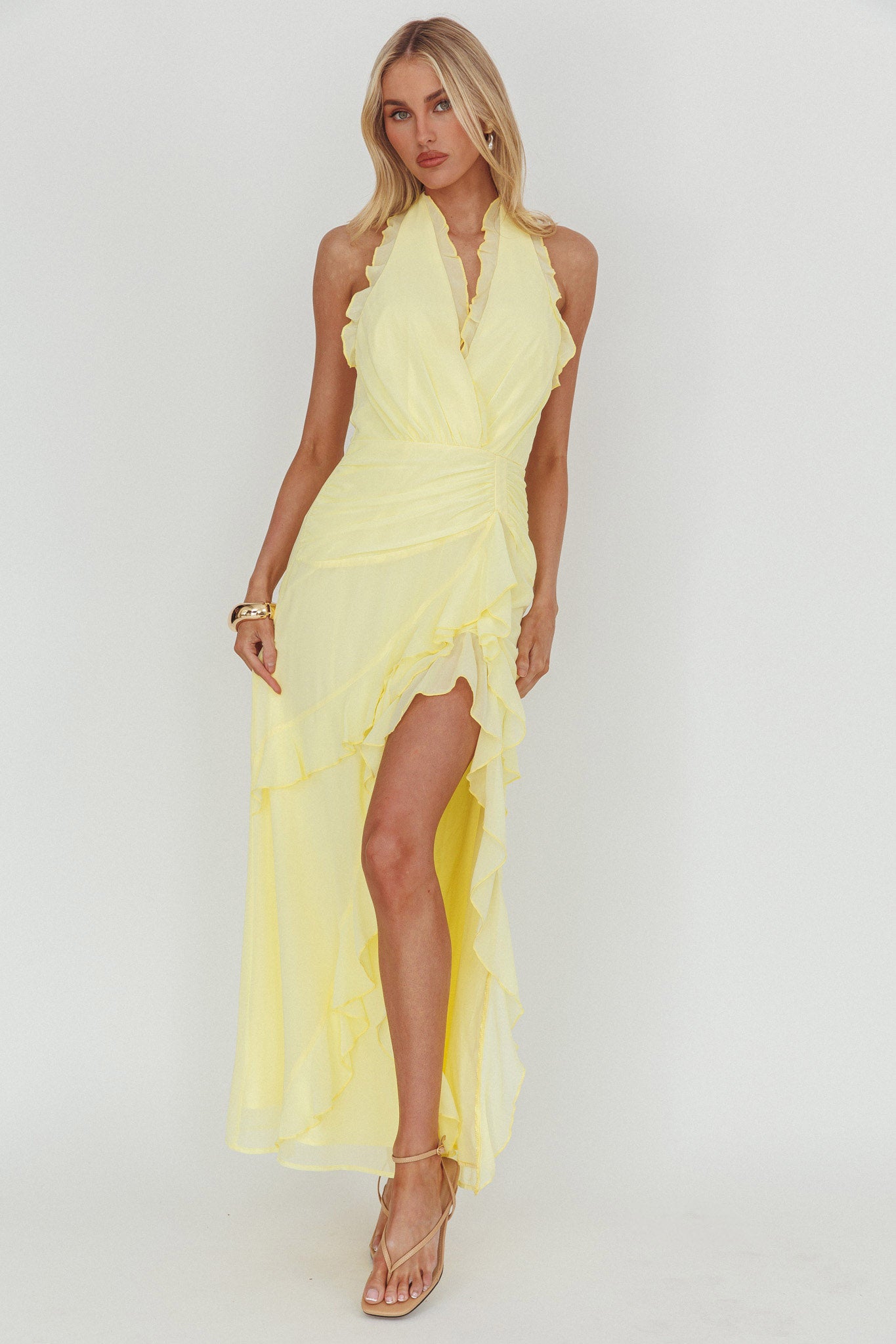 Enticing Halterneck Frill Maxi Dress Yellow by Selfie Leslie Australia