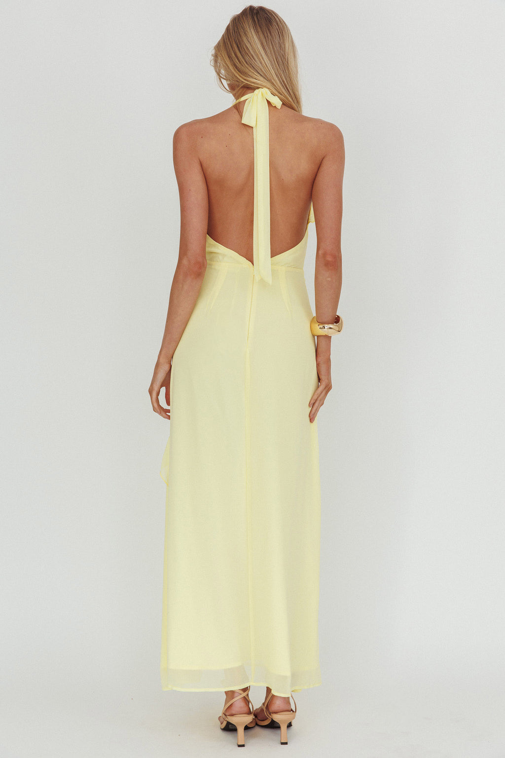 Enticing Halterneck Frill Maxi Dress Yellow by Selfie Leslie Australia