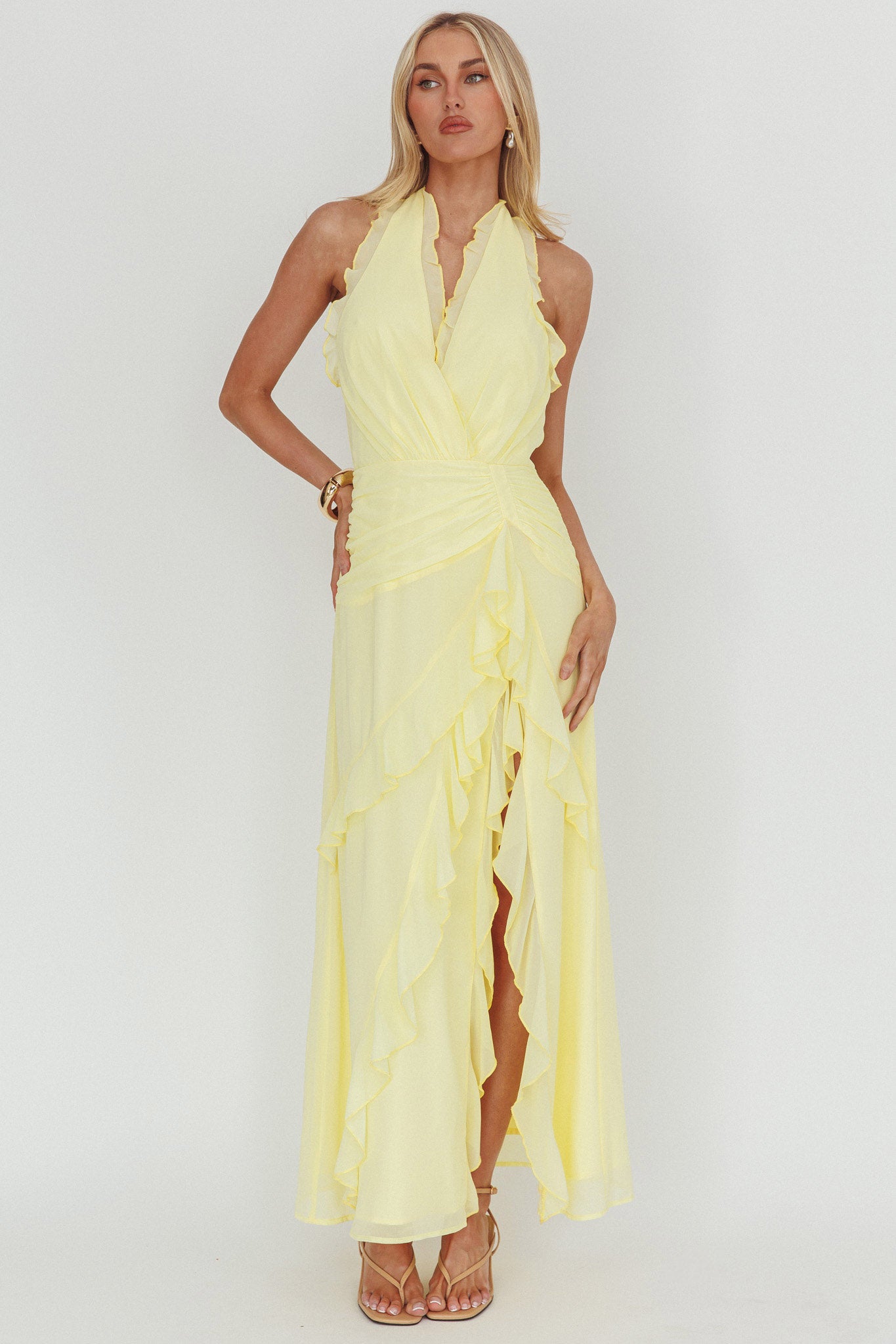 Enticing Halterneck Frill Maxi Dress Yellow by Selfie Leslie Australia