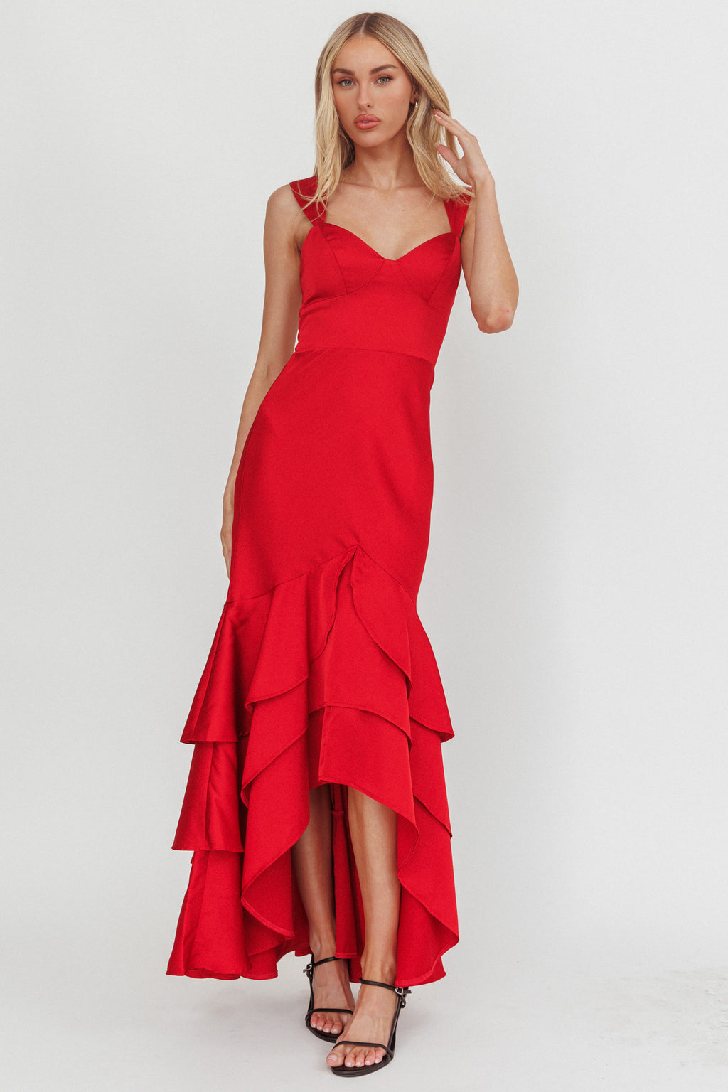 Baylin Layered Mermaid Hem Maxi Dress Red by Selfie Leslie Australia