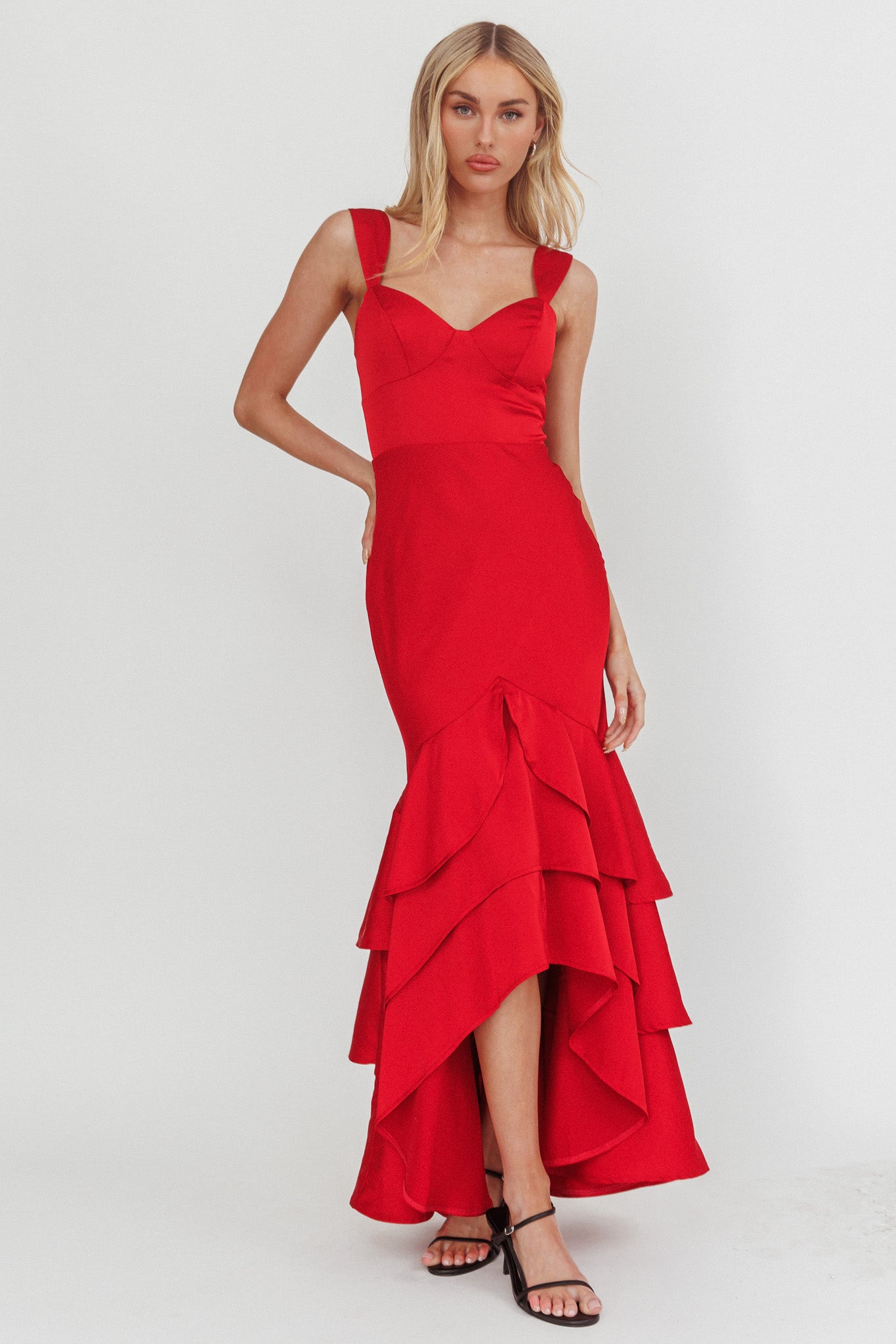 Baylin Layered Mermaid Hem Maxi Dress Red by Selfie Leslie Australia