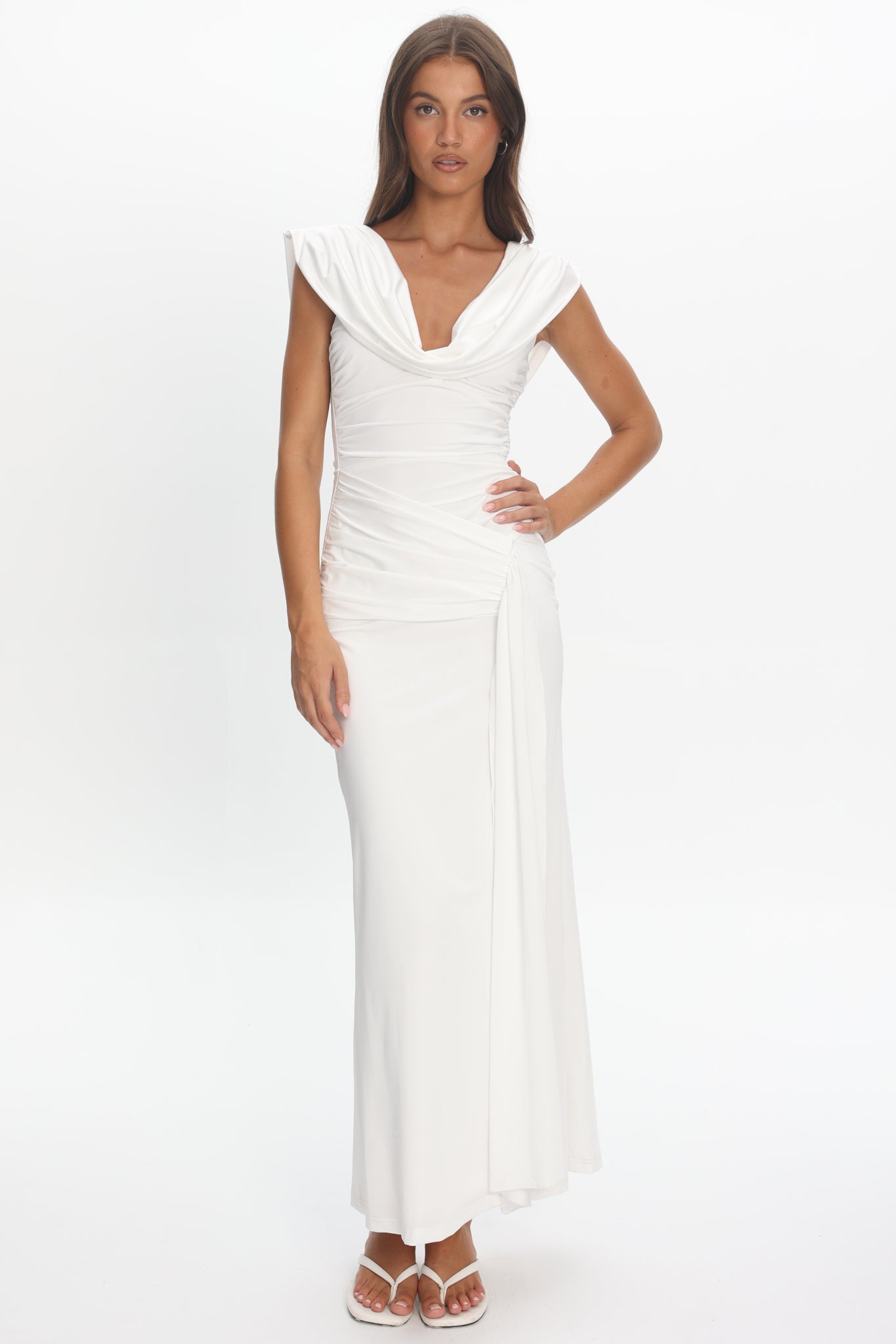 Fermi Draped Shoulder Maxi Dress Off White by Selfie Leslie Australia