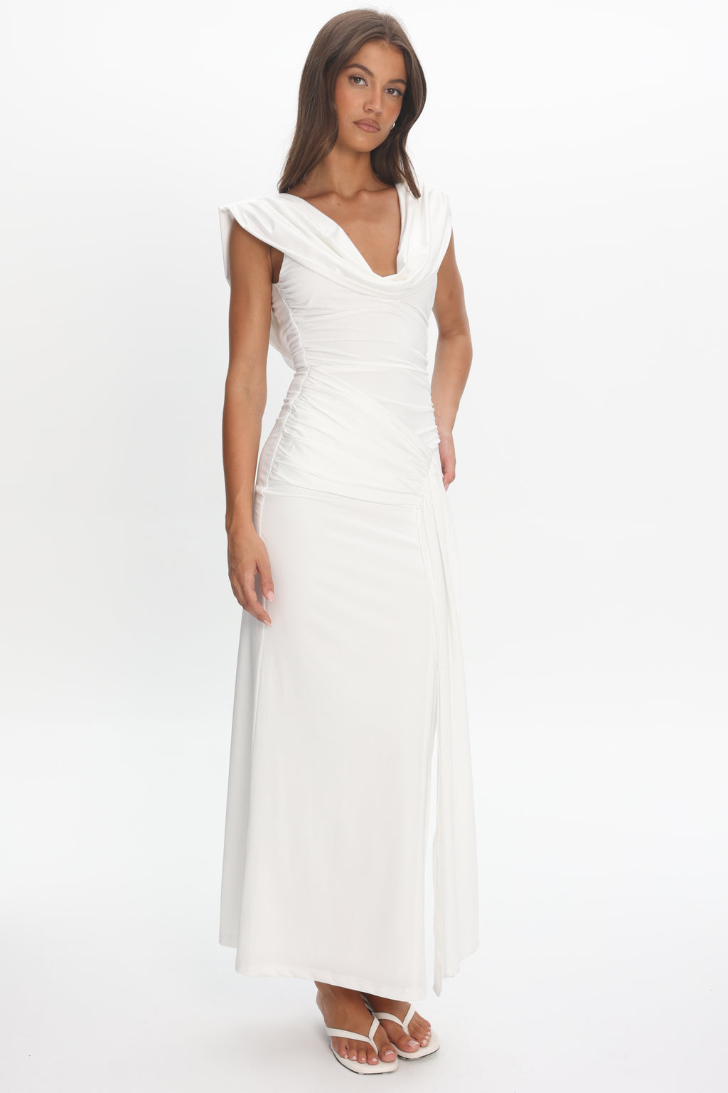 Fermi Draped Shoulder Maxi Dress Off White by Selfie Leslie Australia