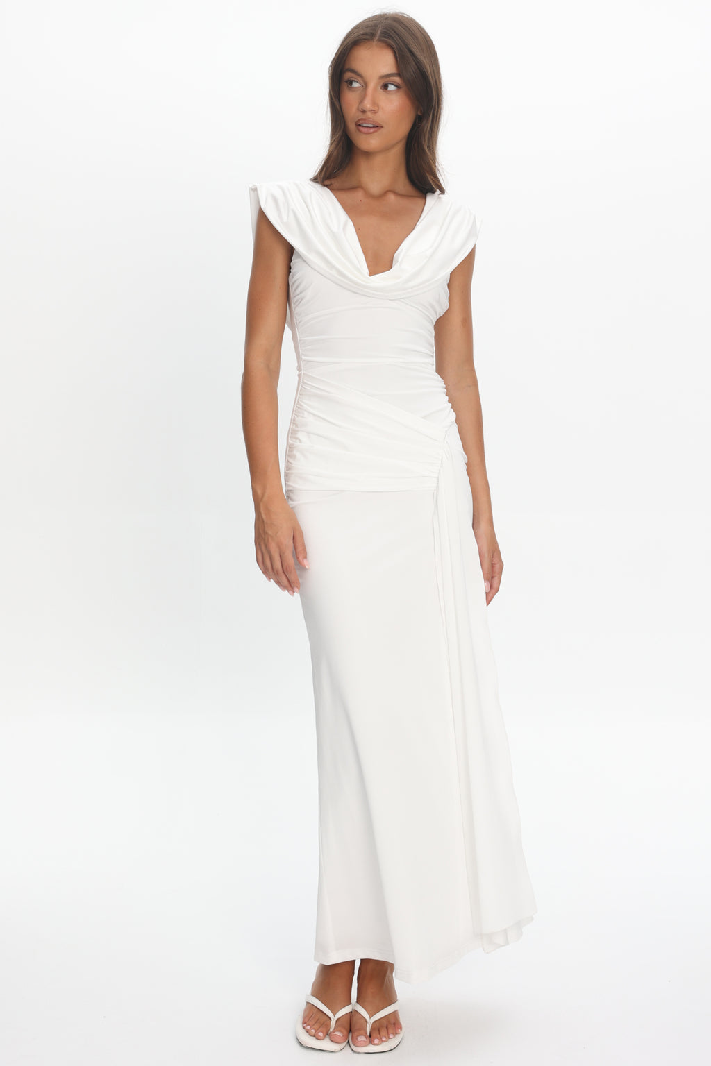 Fermi Draped Shoulder Maxi Dress Off White by Selfie Leslie Australia