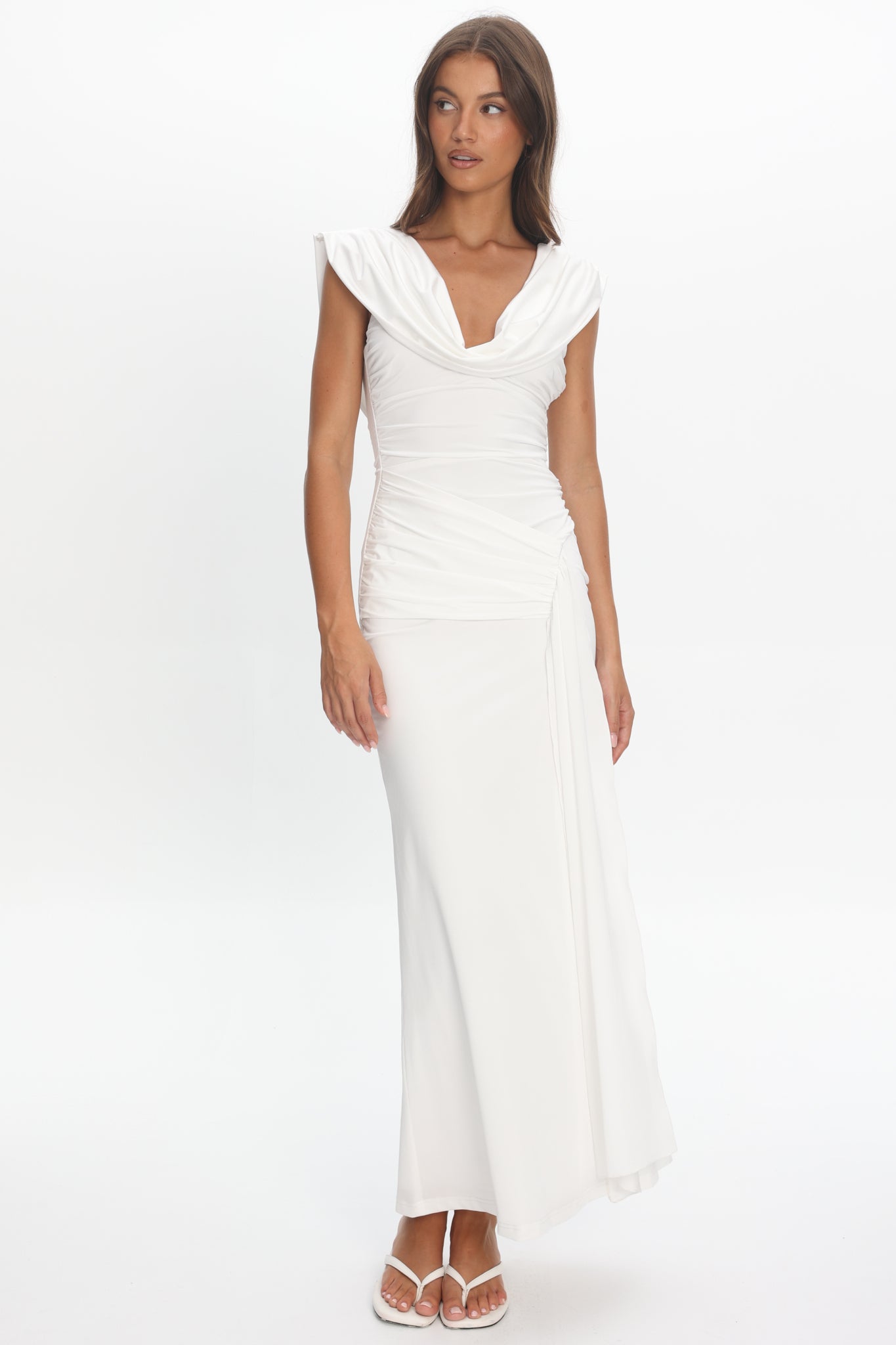 Fermi Draped Shoulder Maxi Dress Off White by Selfie Leslie Australia