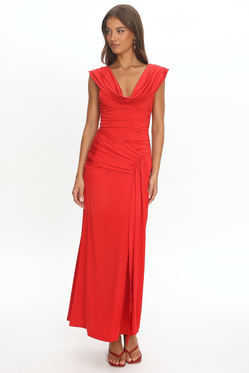 Virgo Season Draped Shoulder Maxi Dress Red by Selfie Leslie Australia