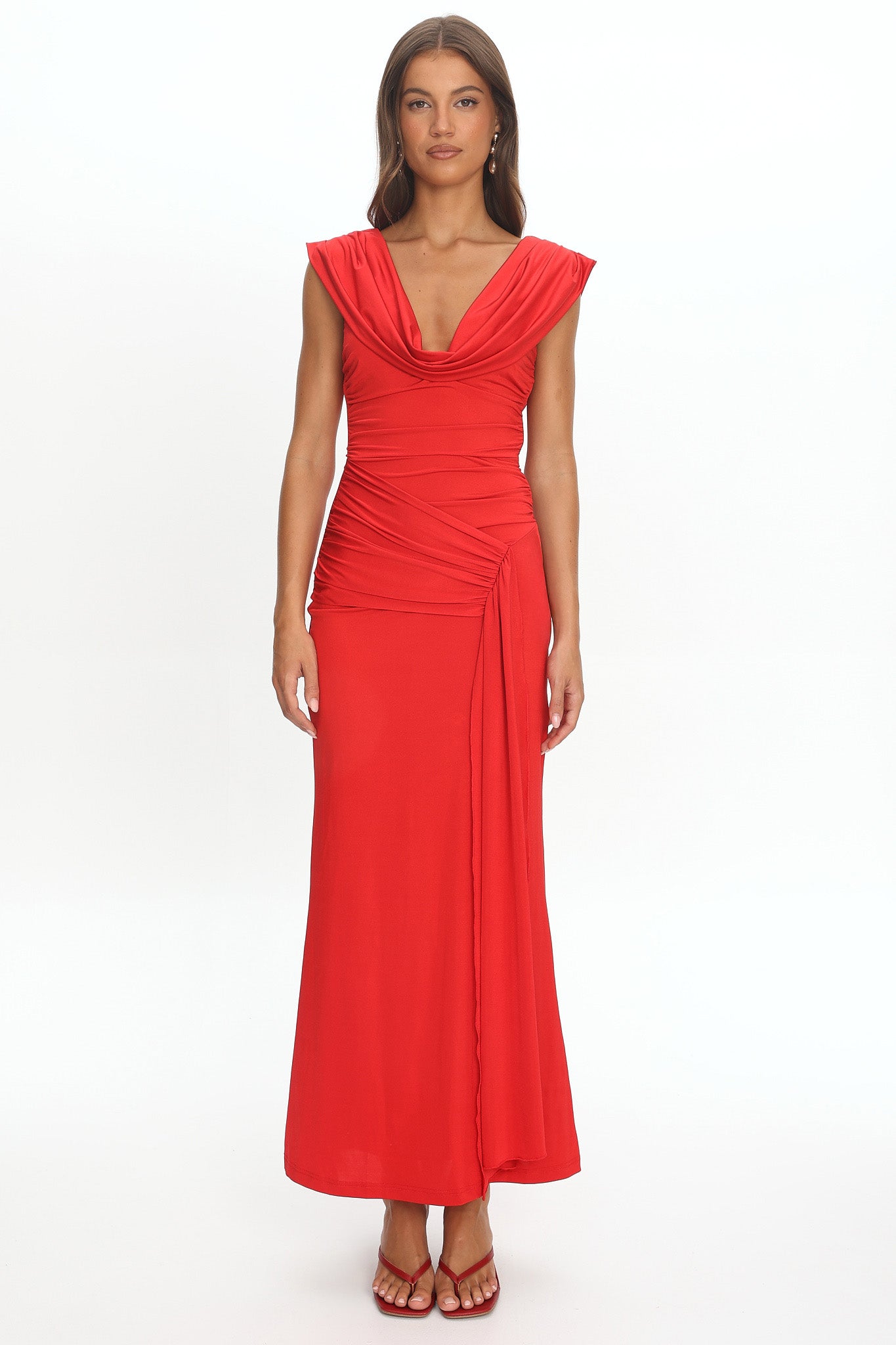 Virgo Season Draped Shoulder Maxi Dress Red by Selfie Leslie Australia