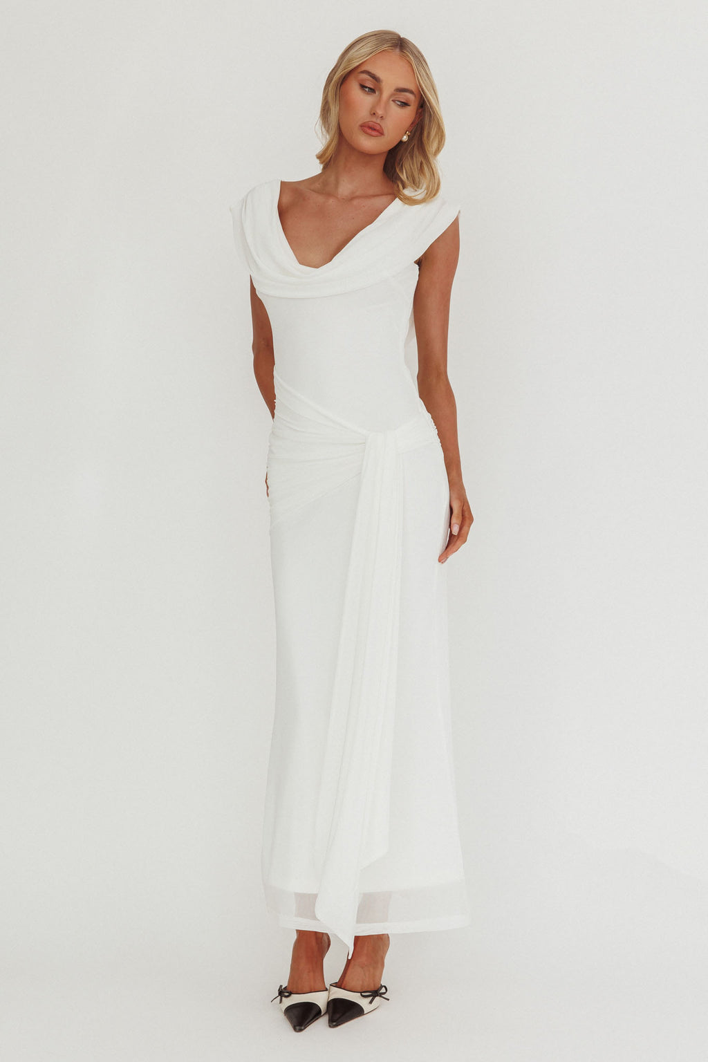 Virgo Season Draped Shoulder Maxi Dress White by Selfie Leslie Australia