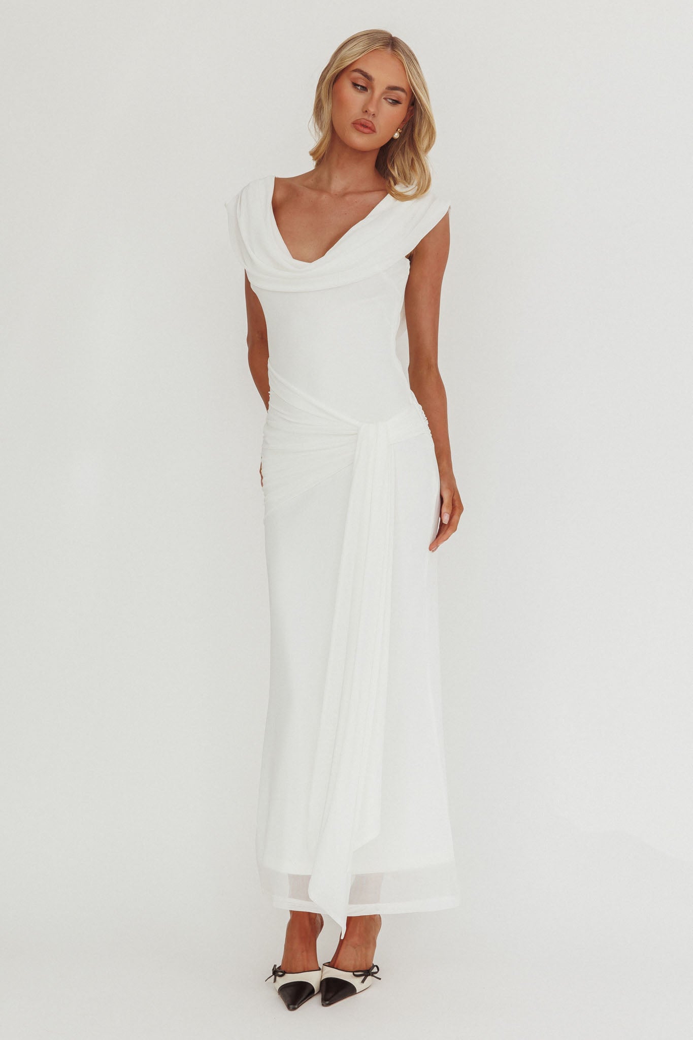 Virgo Season Draped Shoulder Maxi Dress White by Selfie Leslie Australia