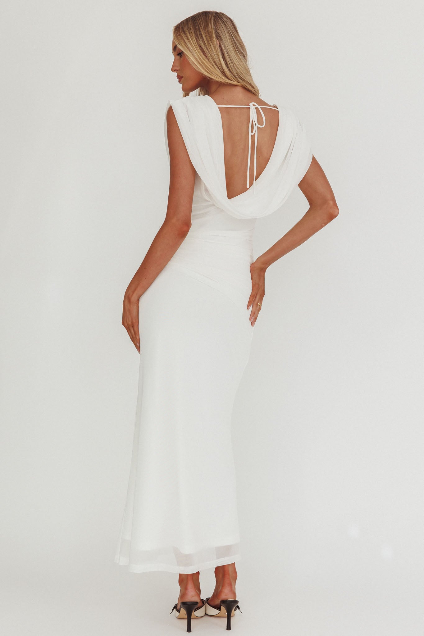 Virgo Season Draped Shoulder Maxi Dress White by Selfie Leslie Australia