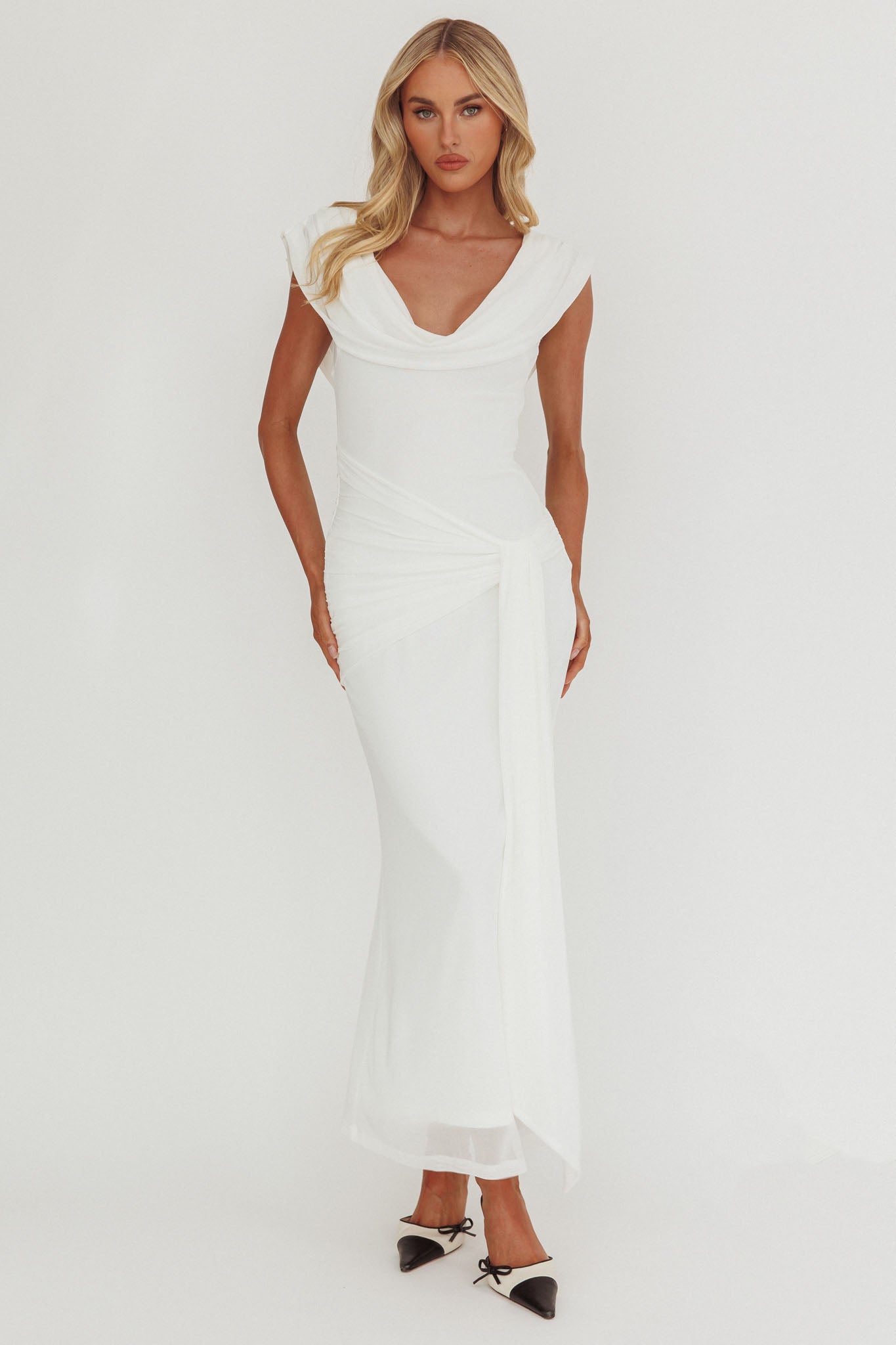 Virgo Season Draped Shoulder Maxi Dress White by Selfie Leslie Australia