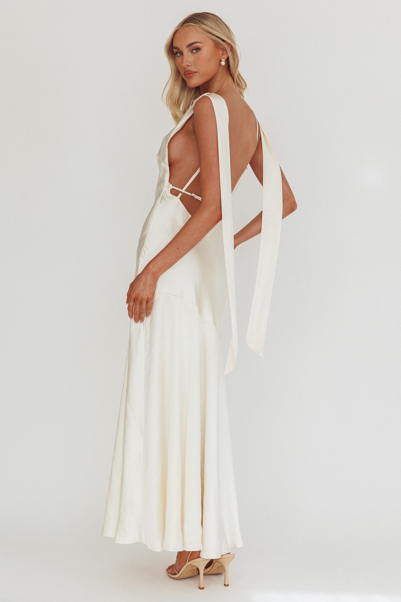 Second Glances Cowl Neck Backless Maxi Dress Cream by Selfie Leslie Australia