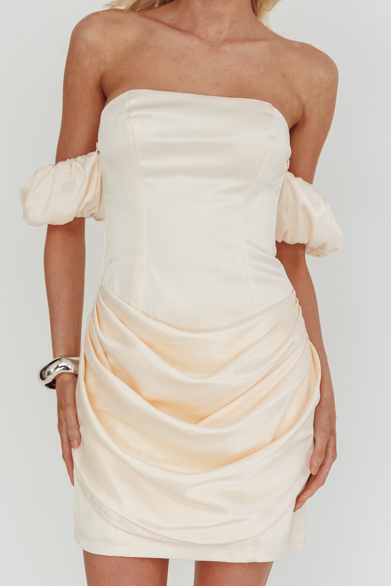 Everly Off-Shoulder Drape Mini Dress Cream by Selfie Leslie Australia