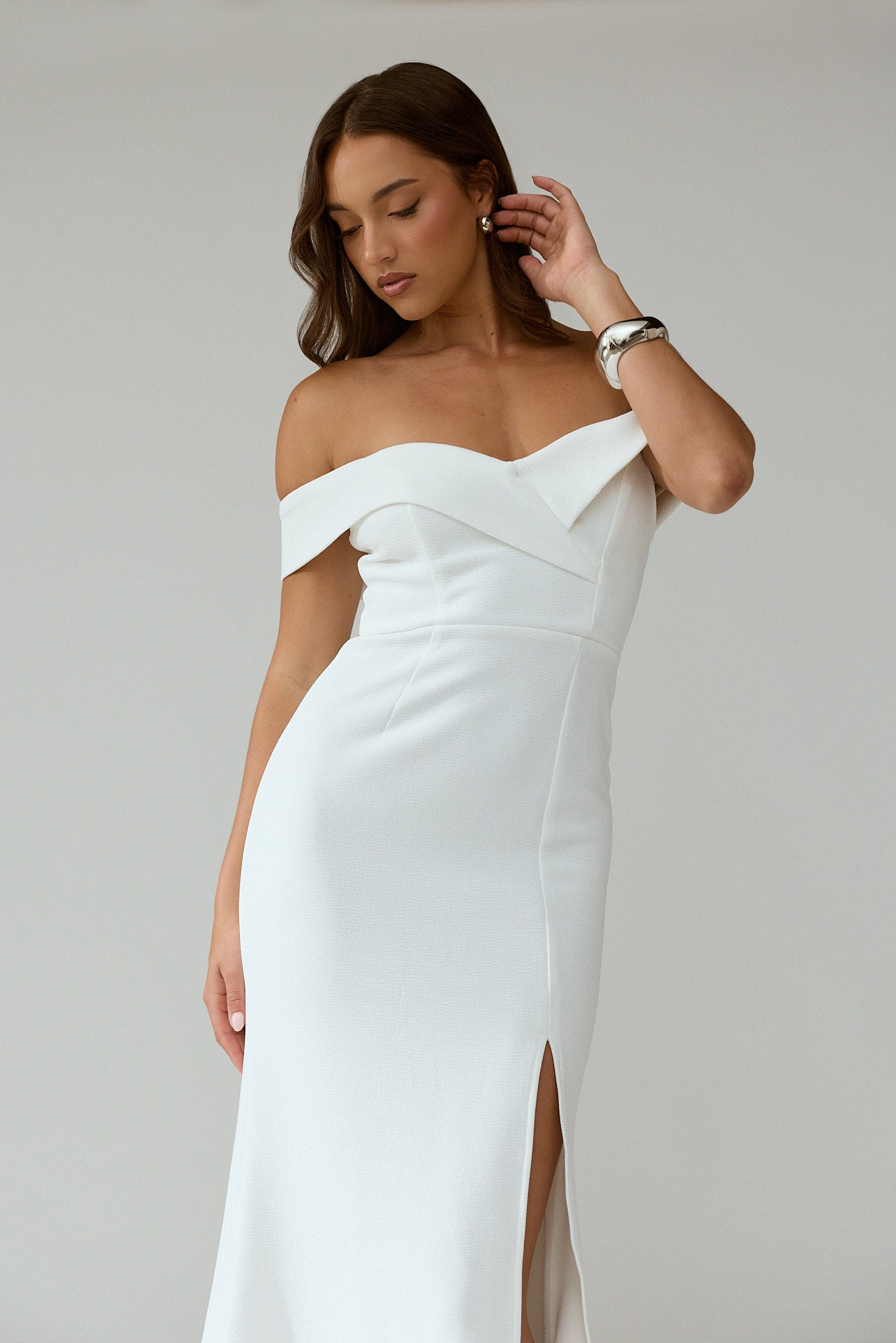 Rider Off-Shoulder Front Split Maxi Dress White by Selfie Leslie Australia