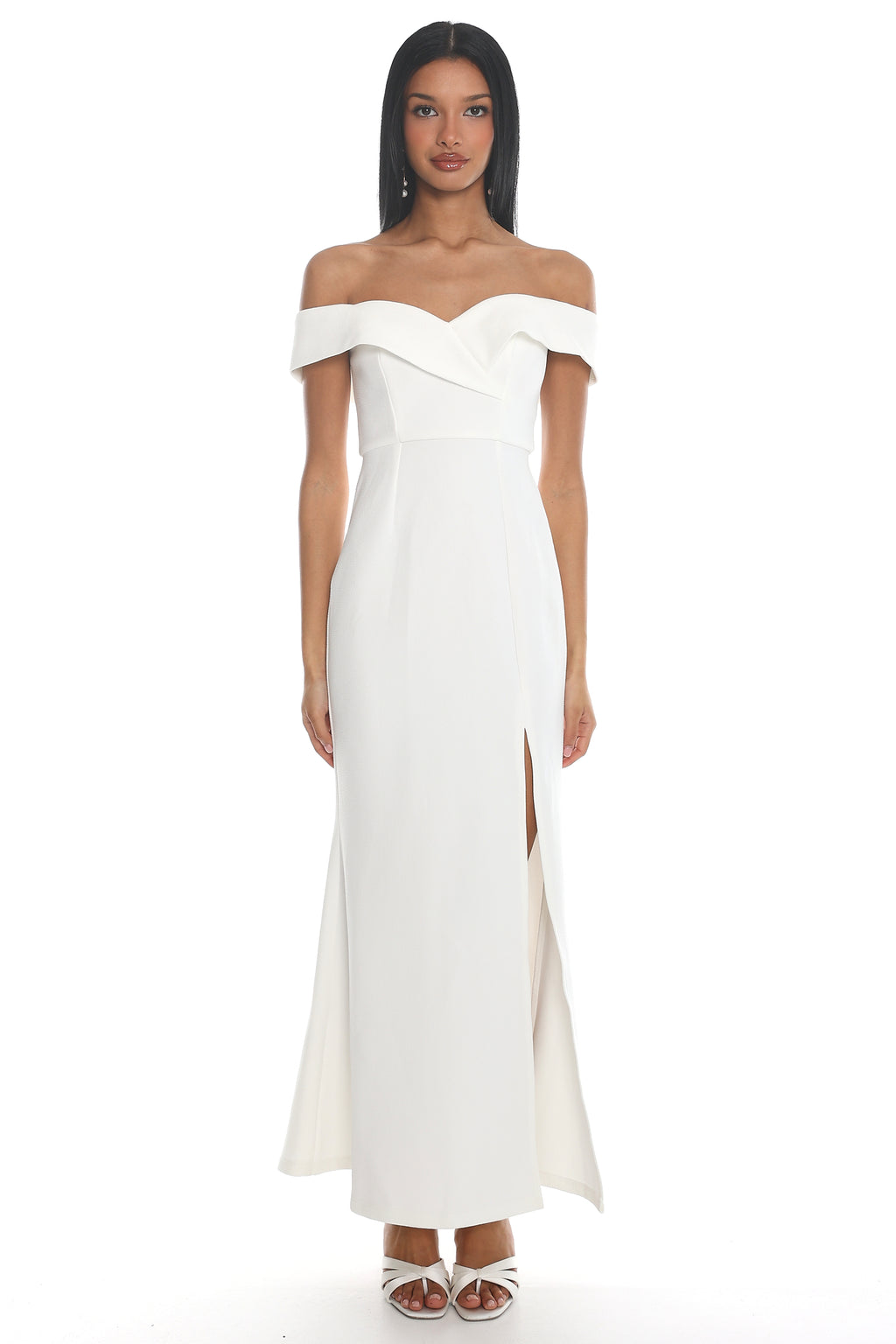 Rider Off-Shoulder Front Split Maxi Dress White by Selfie Leslie Australia