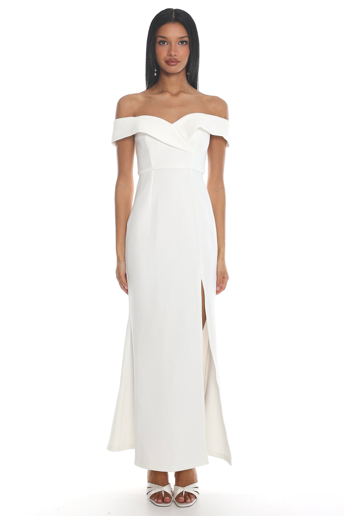 Rider Off-Shoulder Front Split Maxi Dress White by Selfie Leslie Australia