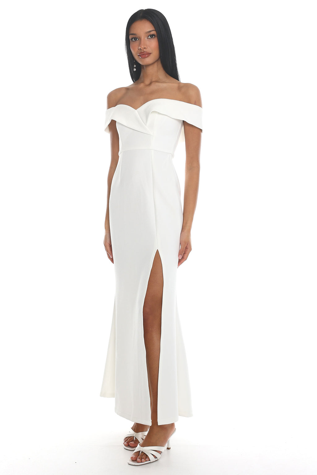 Rider Off-Shoulder Front Split Maxi Dress White by Selfie Leslie Australia