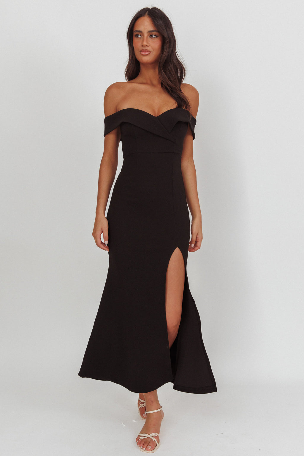 Rider Off-Shoulder Front Split Maxi Dress Black by Selfie Leslie Australia