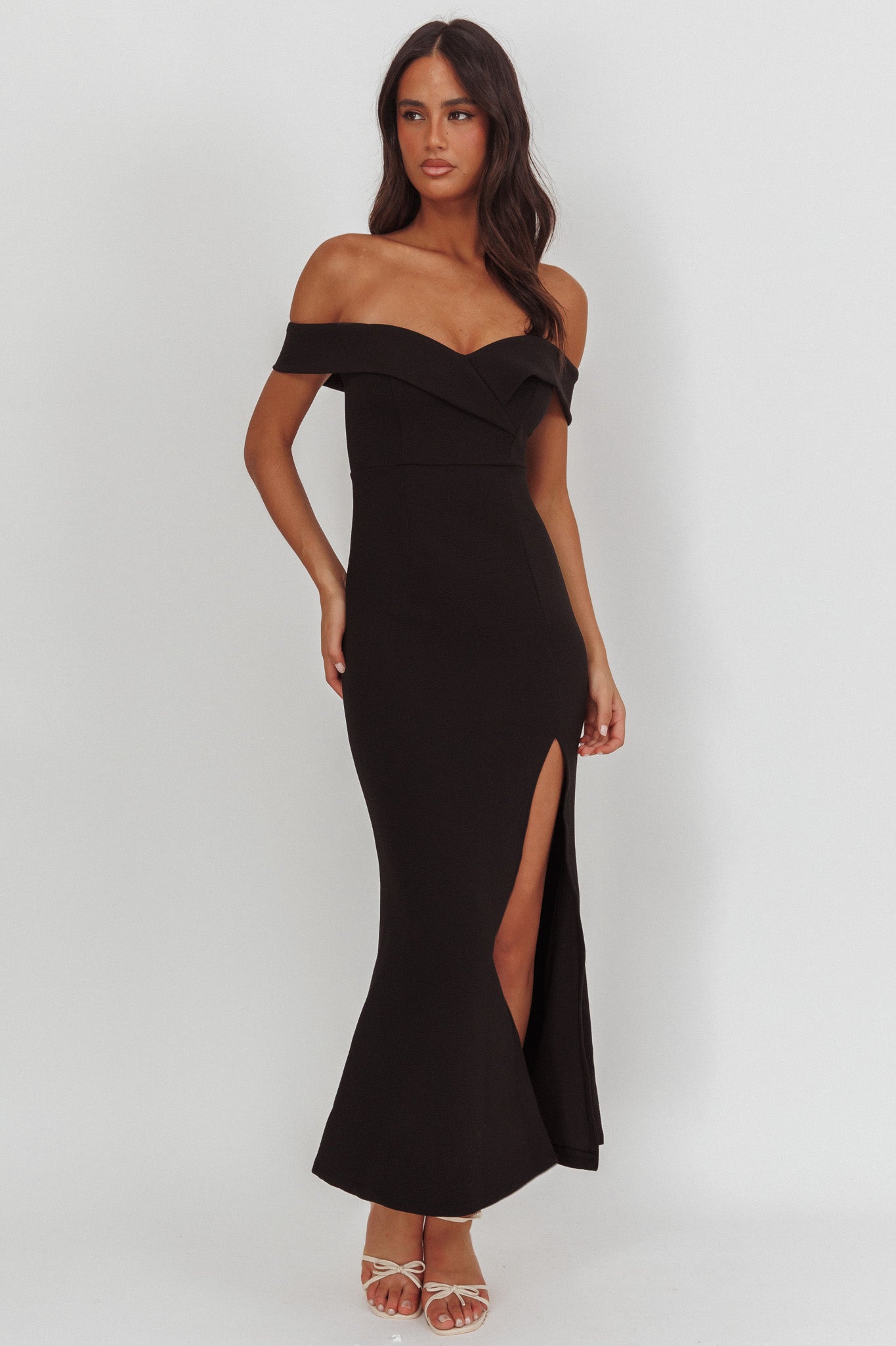 Rider Off-Shoulder Front Split Maxi Dress Black by Selfie Leslie Australia